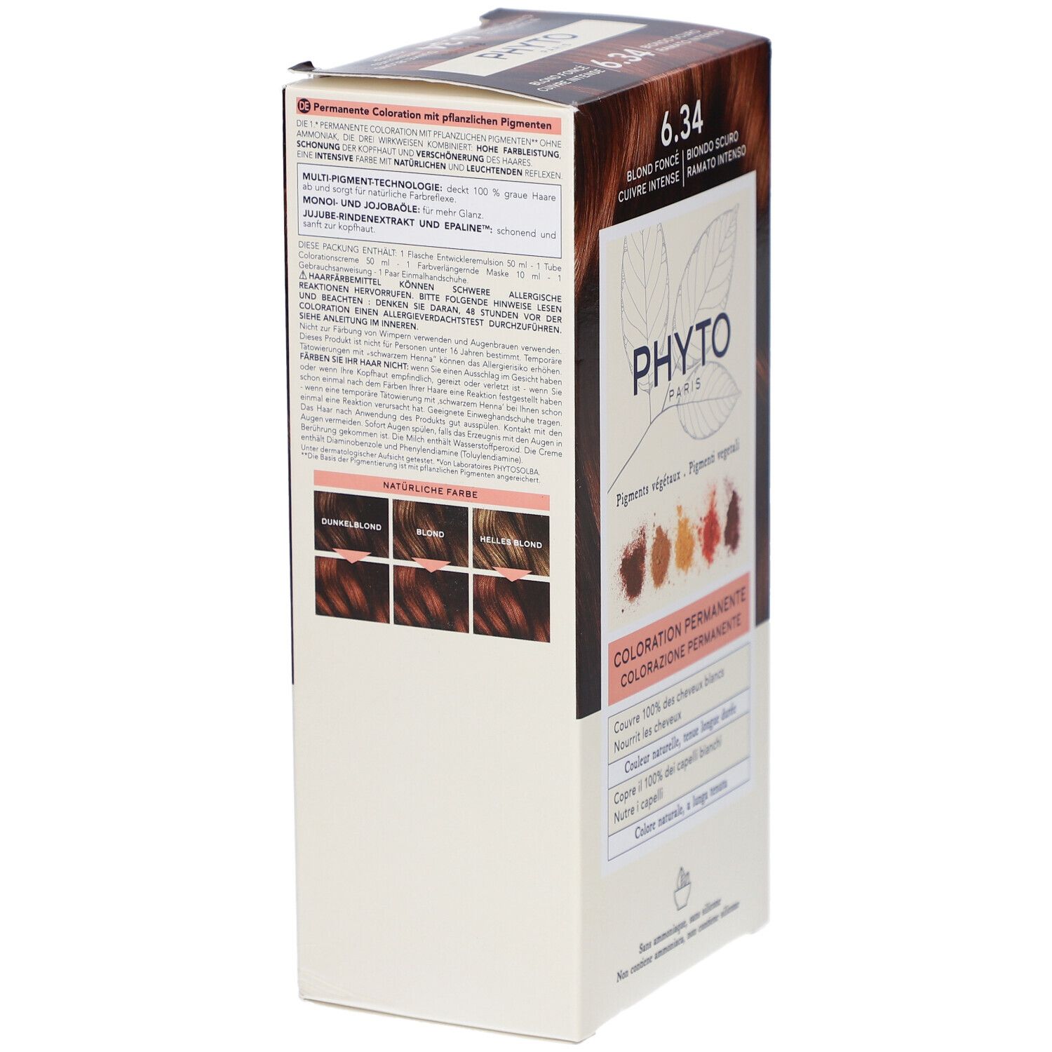 Produktverpackung, Seitenansicht. Aufschrift 6.34, Blond Fonce, Kupfer. Marke PHYTO PARIS. Permanente Coloration mit pflanzlichen Pigmenten.