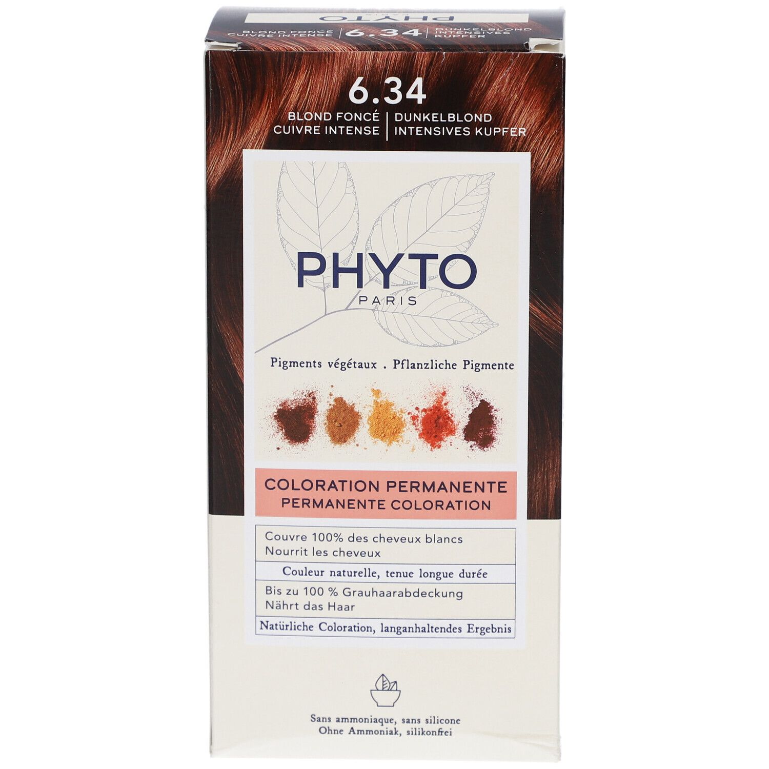 Produktverpackung mit Aufschrift 6.34, Blond Fonce, Kupfer. Marke PHYTO PARIS. Permanente Coloration. Enthält pflanzliche Pigmente.