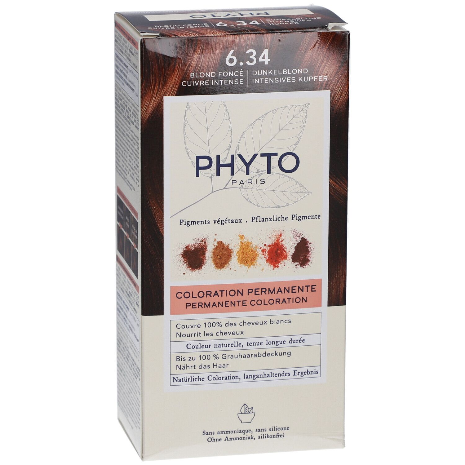 Produktverpackung mit Aufschrift 6.34, Blond Fonce, Kupfer. Marke PHYTO PARIS. Permanente Coloration. Enthält pflanzliche Pigmente.