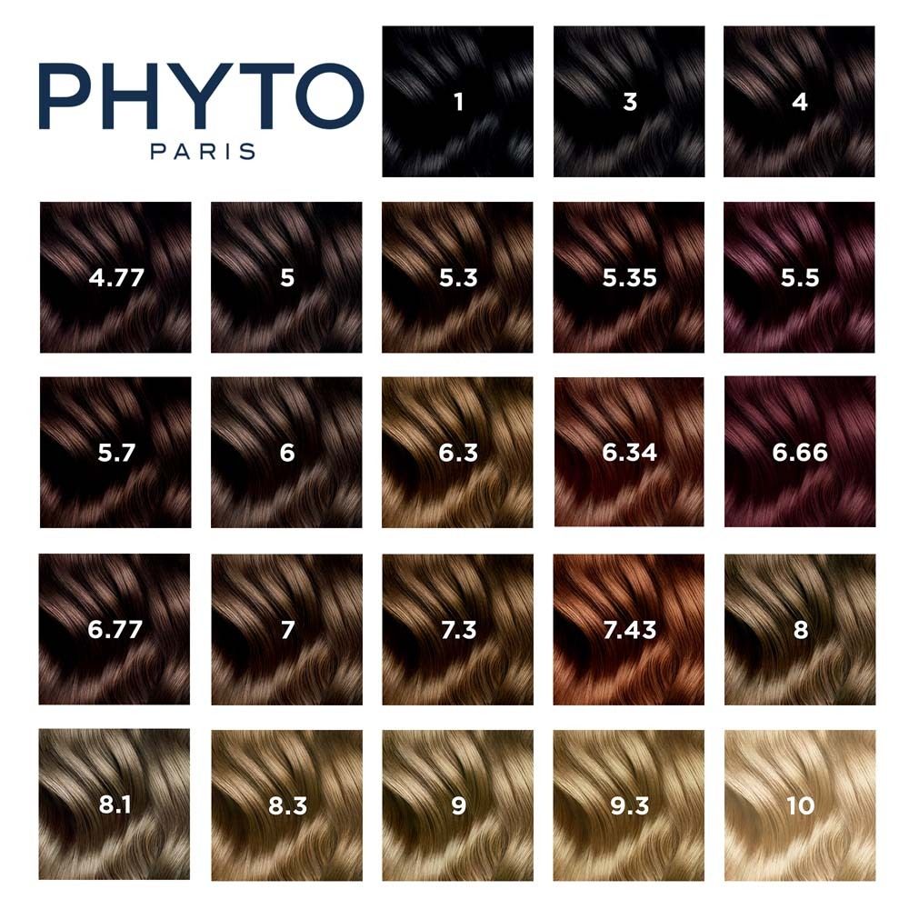 Farbkarte mit verschiedenen Haarfarben von PHYTO PARIS. Verschiedene Farbtöne sind auf der Karte abgebildet.