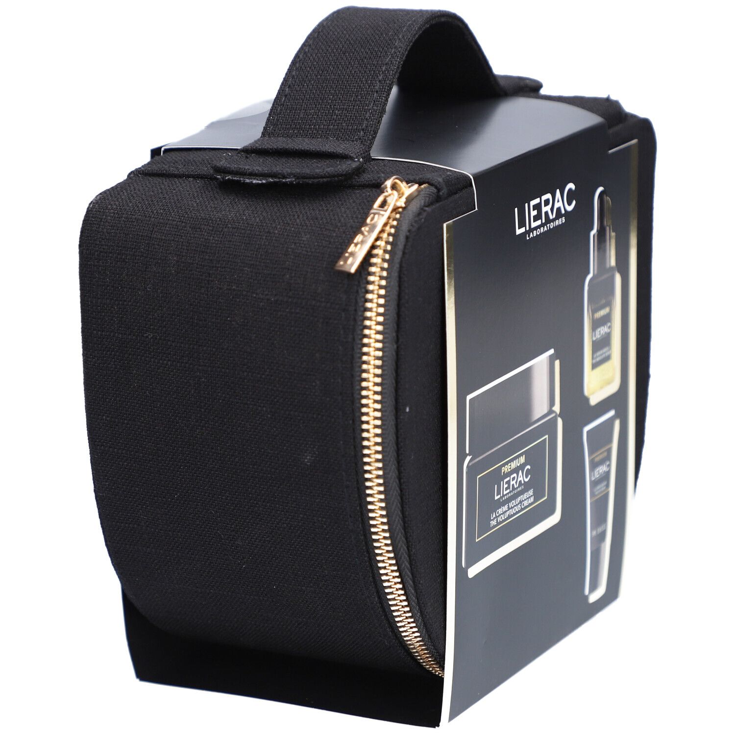 Schwarze Kosmetiktasche mit goldenem Reißverschluss. LIERAC-Set-Verpackung mit Creme, Serum und Tube.