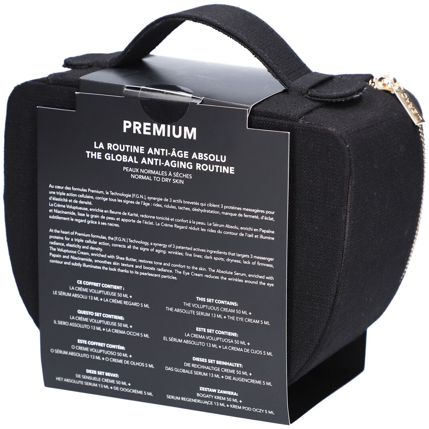 Schwarze Kosmetiktasche mit LIERAC-Set-Verpackung. Text mit Produktinformationen. Griff und goldener Reißverschluss.