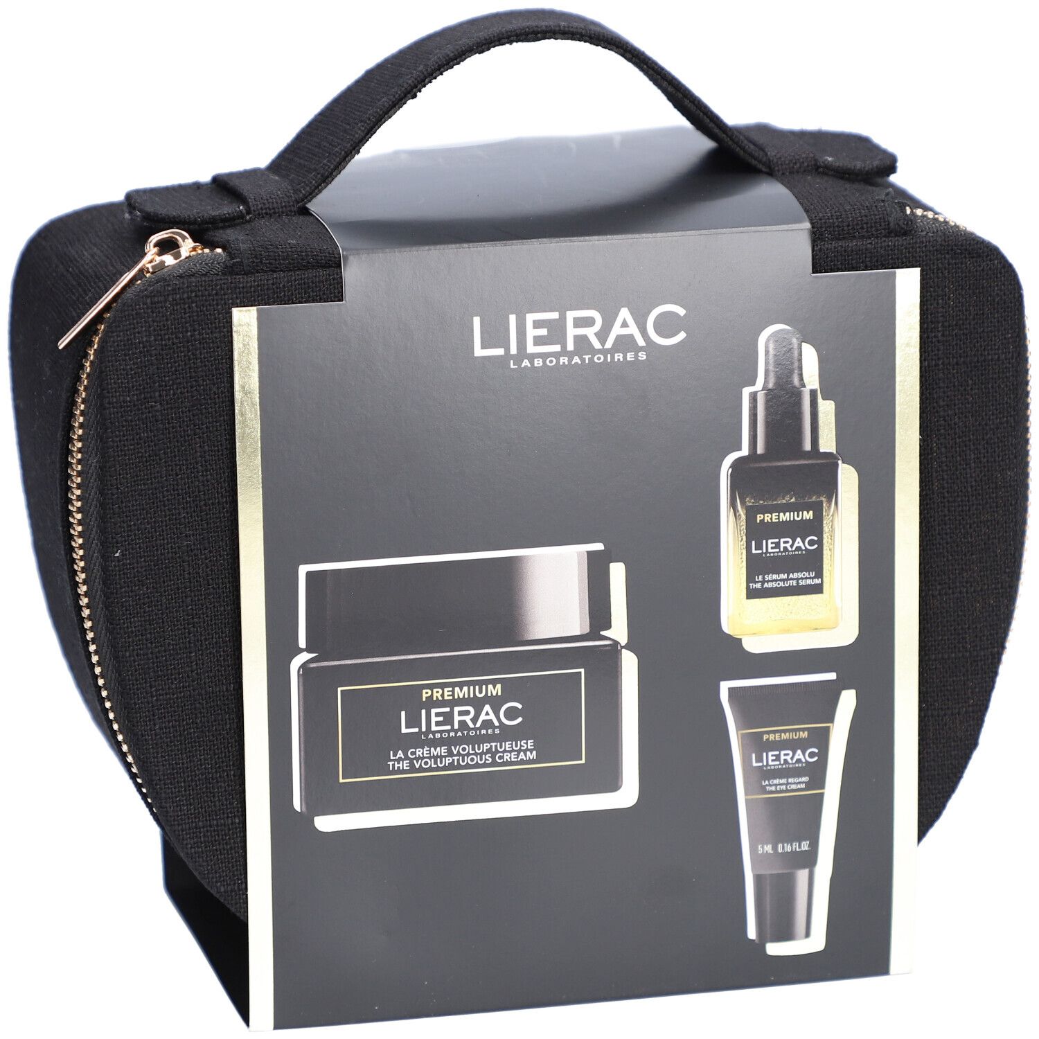 Schwarze Kosmetiktasche mit LIERAC-Set. Enthält Creme, Serum und Tube. Goldener Reißverschluss und Griff.