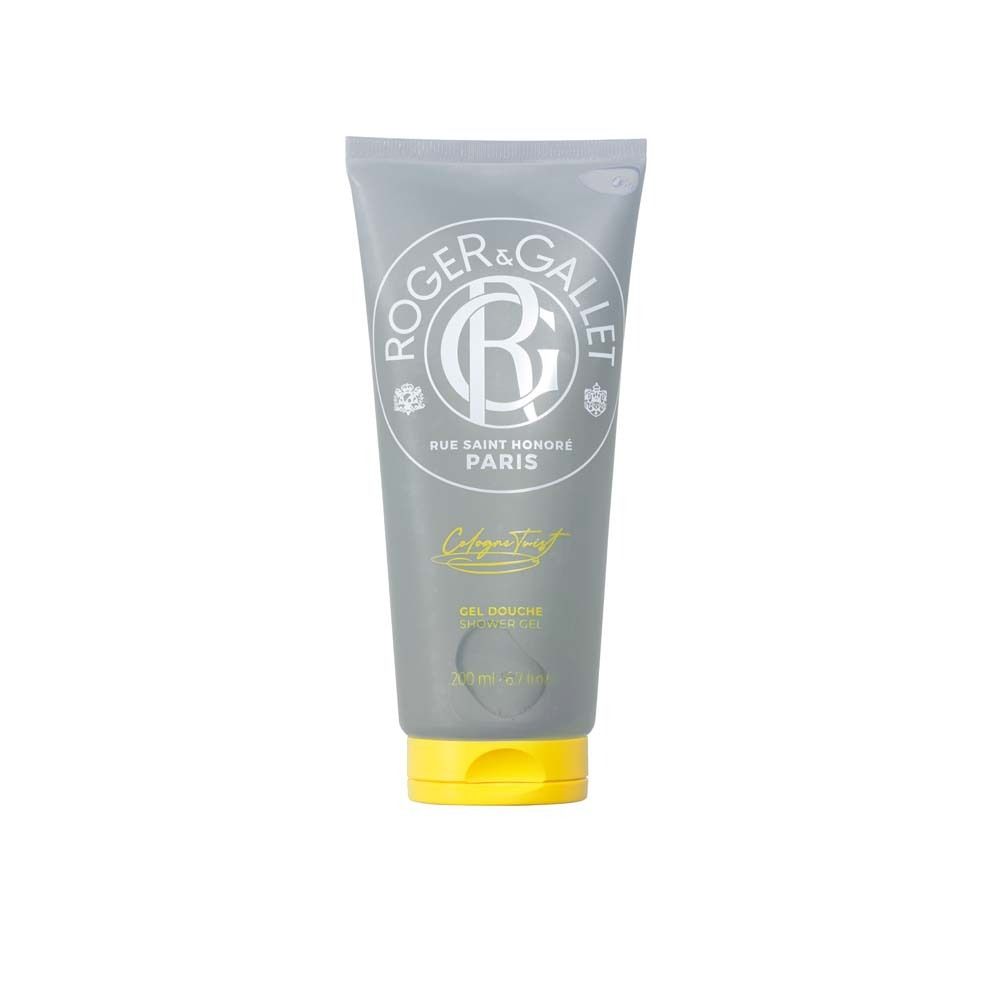 Graue Tube mit gelbem Deckel. Logo und Schriftzug von Roger & Gallet. "Cologne Twist" und "Gel Douche" sind ebenfalls sichtbar.