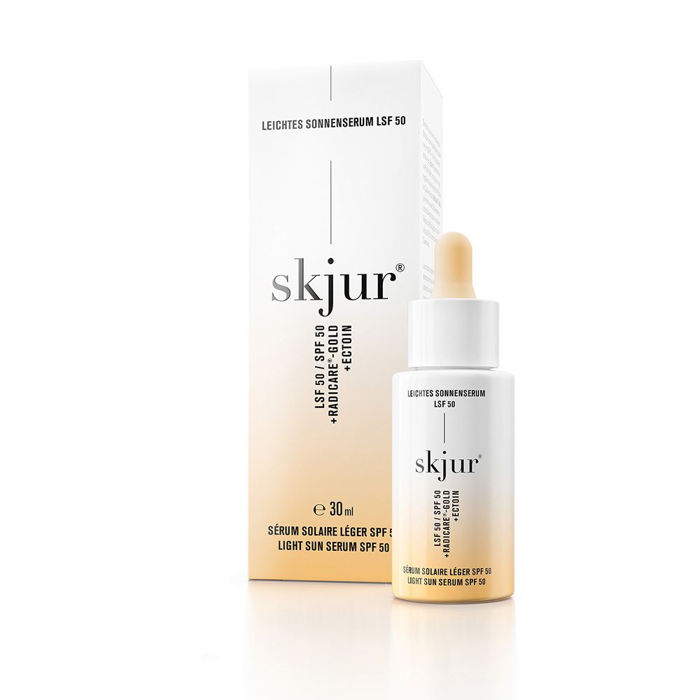 skjur leichtes Sonnenserum LSF 50 Flakon und Faltschachtel.