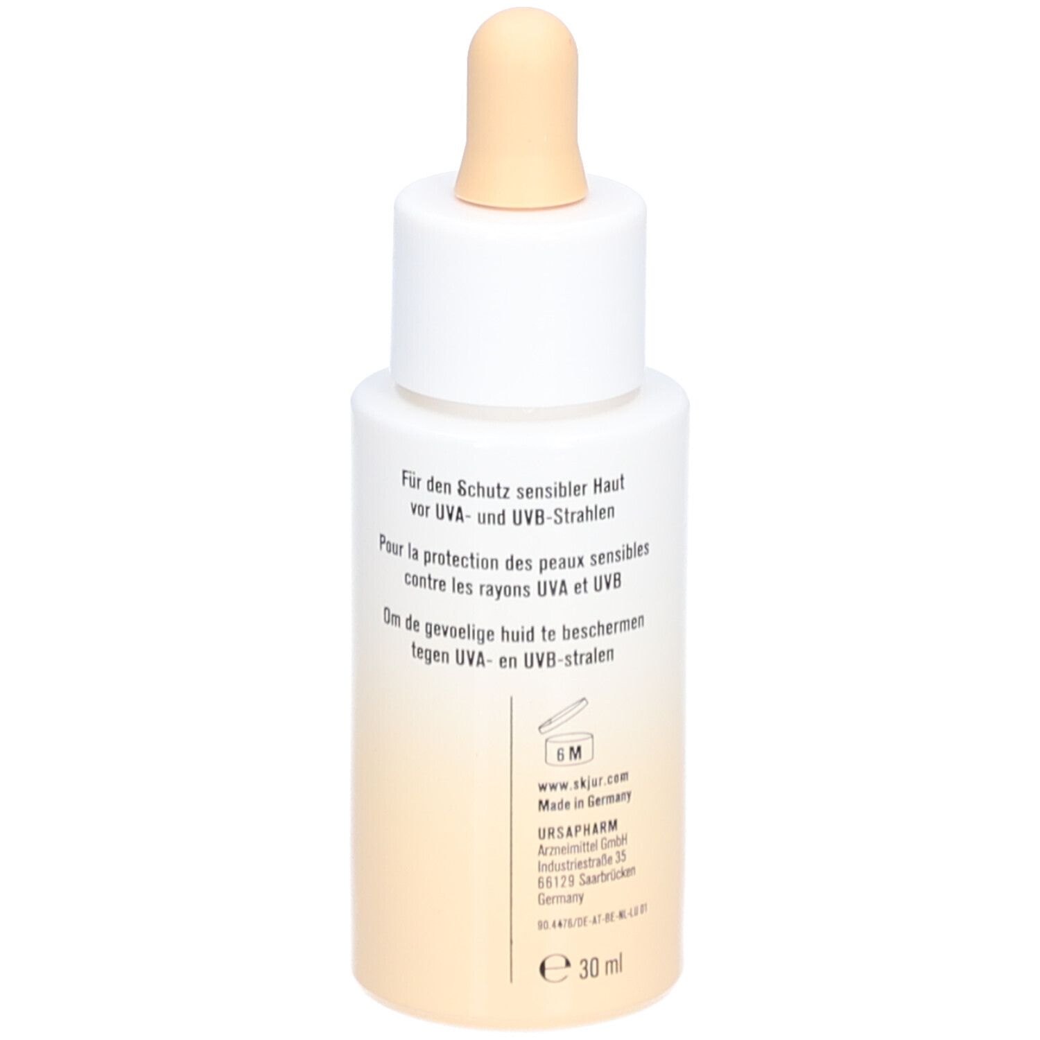 Rückansicht der Flasche. Text für empfindliche Haut vor UVA- und UVB-Strahlen. 30 ml.