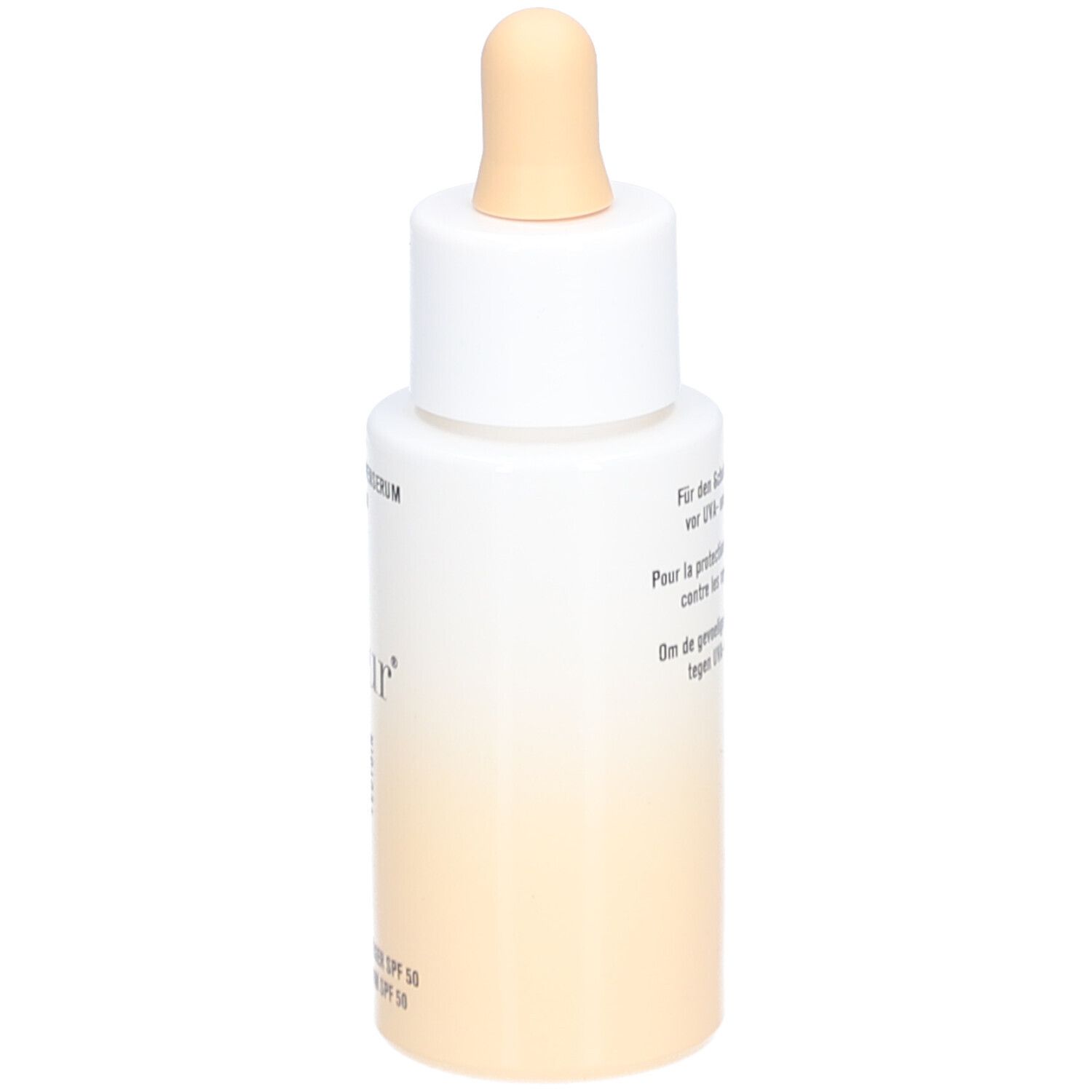 Seitenansicht der Flasche. Aufschrift: Leichtes Sonnenserum LSF 50, skjur. Text für empfindliche Haut. 30 ml.