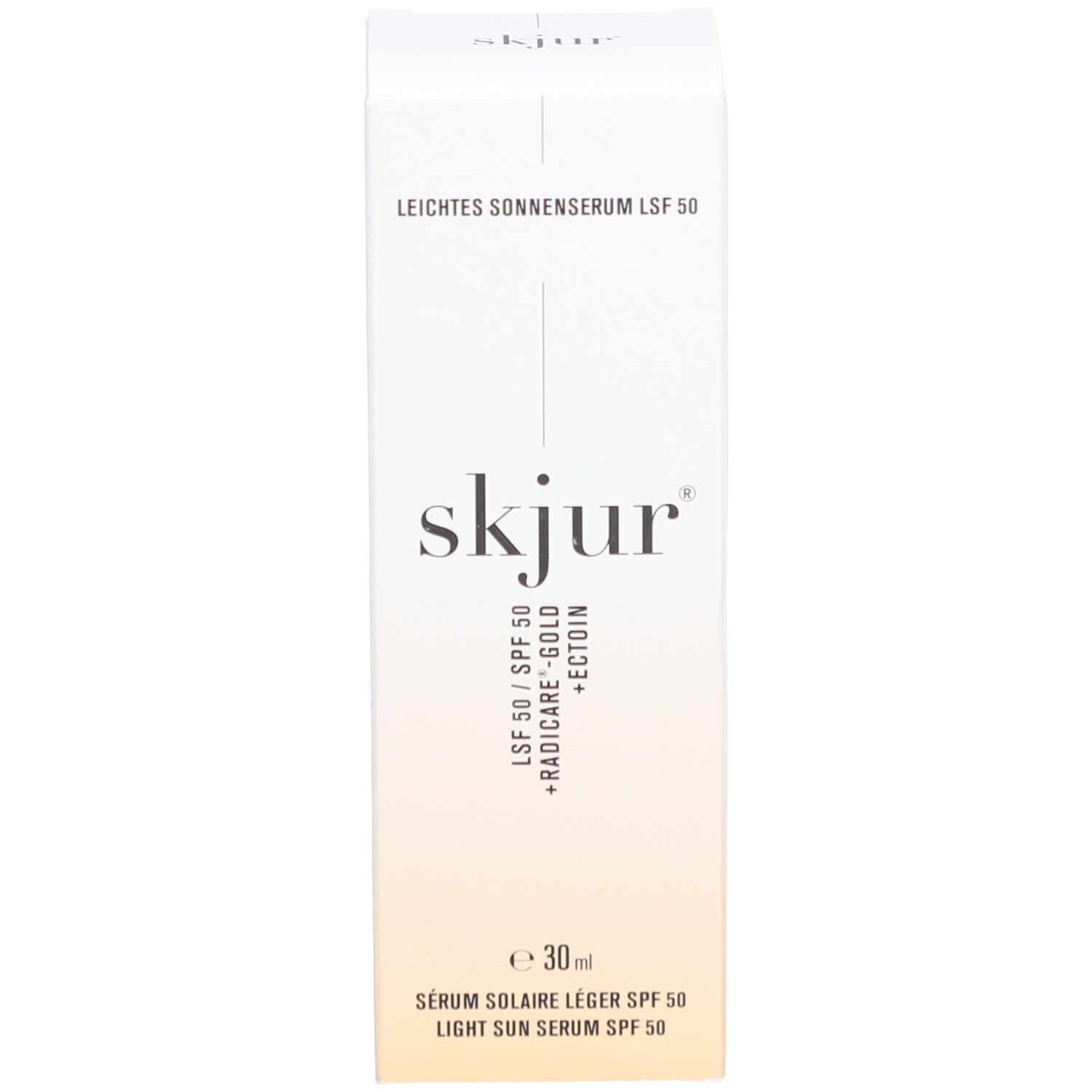 Karton mit Aufschrift: Leichtes Sonnenserum LSF 50, skjur, 30 ml.