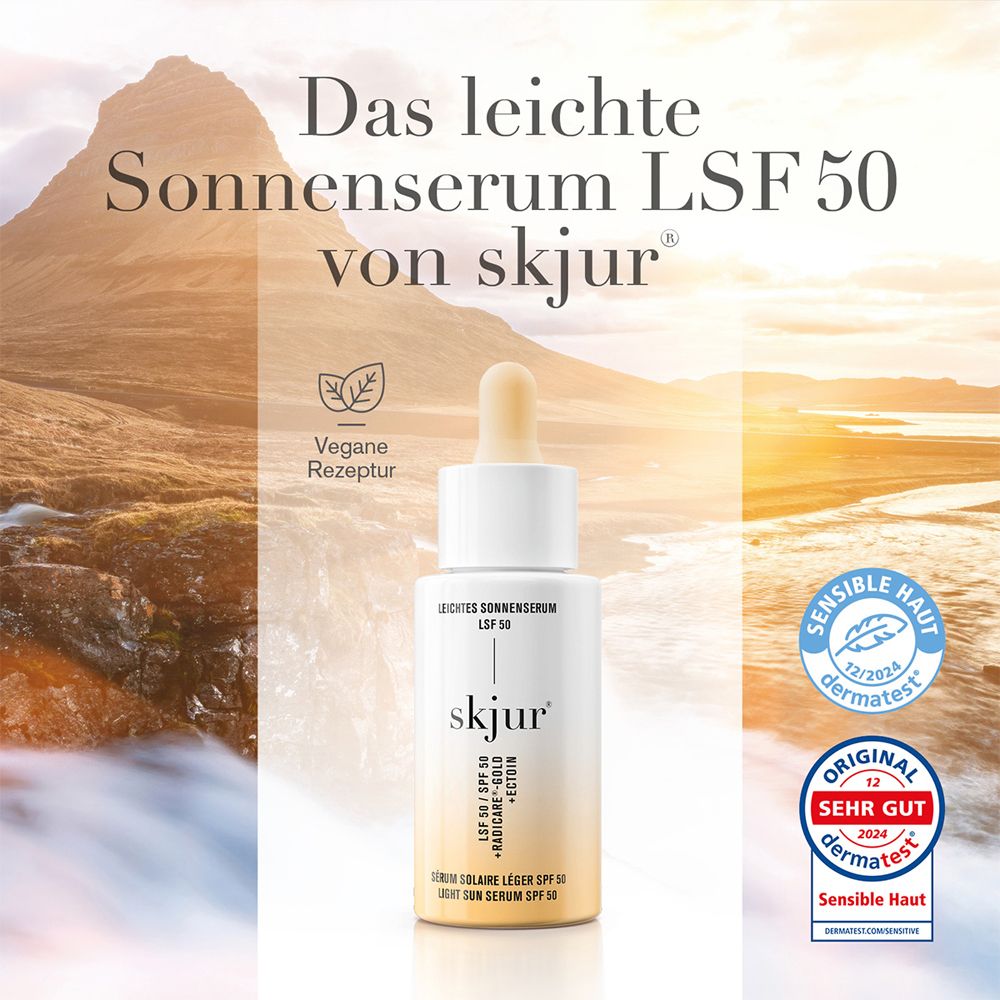 skjur leichtes Sonnenserum LSF 50 mit Siegeln 'Vegan' und 'dermatest'.