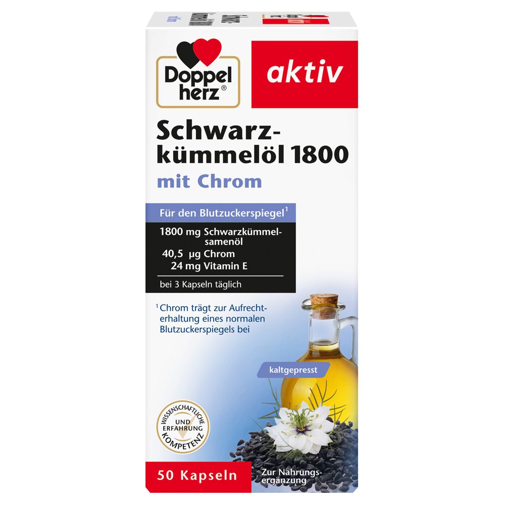 Doppelherz Schwarzkümmelöl 1800 mit Chrom. Weiße Schachtel mit Produktinformationen und Abbildung von Öl und Samen.