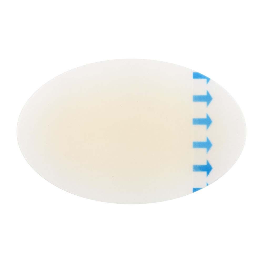Ovaler, transparenter Blasenpflaster. Mit blauen Pfeilen zur Orientierung.