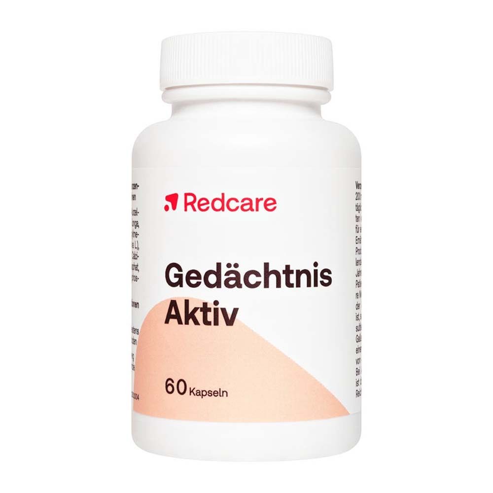 Weiße Flasche mit Redcare Gedächtnis Aktiv. 60 Kapseln. Roter Deckel. Text in Deutsch.