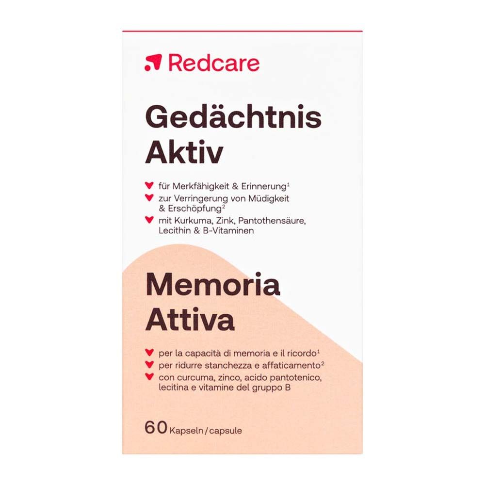 Packung mit Redcare Gedächtnis Aktiv. Enthält 60 Kapseln. Text in Deutsch und Italienisch.