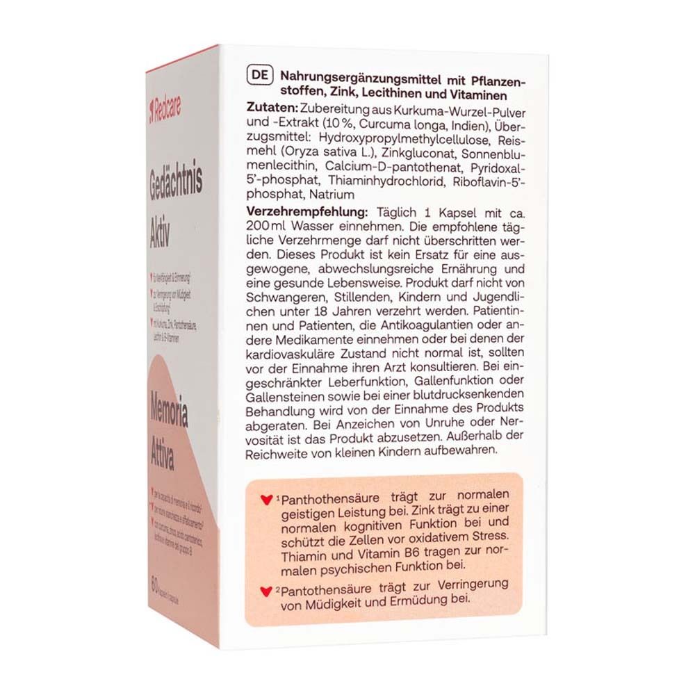 Rückseite der Packung mit Redcare Gedächtnis Aktiv. Text in Deutsch. Zutaten und Anwendung.