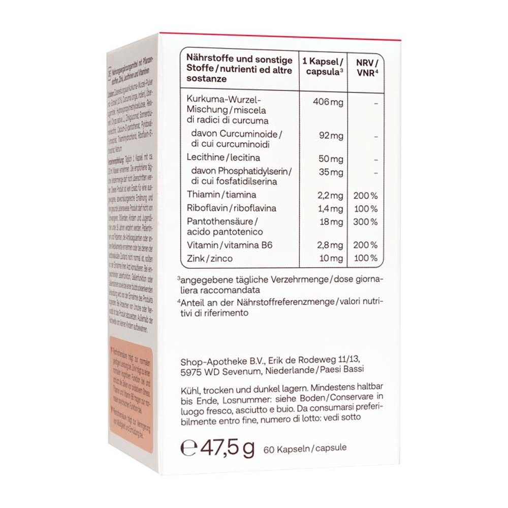 Rückseite der Packung mit Redcare Gedächtnis Aktiv. Nährwerttabelle. Text in Deutsch.