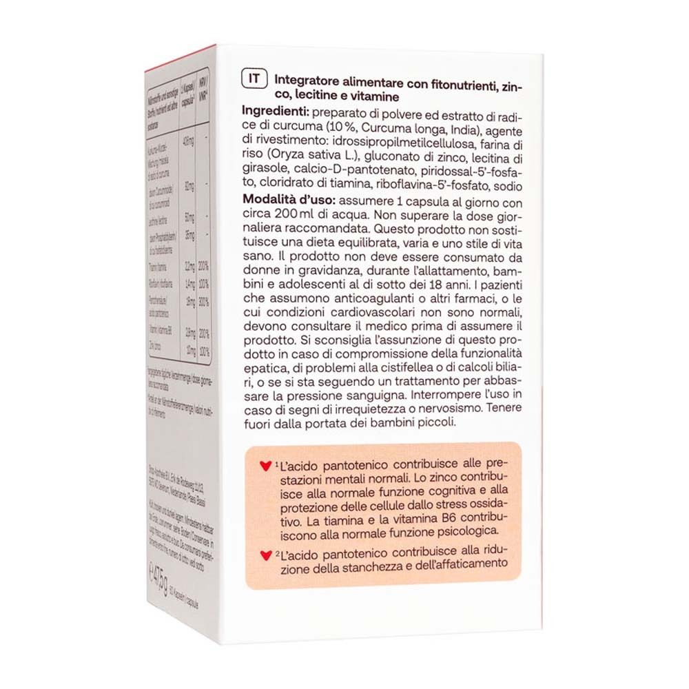 Rückseite der Packung mit Redcare Gedächtnis Aktiv. Text in Italienisch. Zutaten und Anwendung.