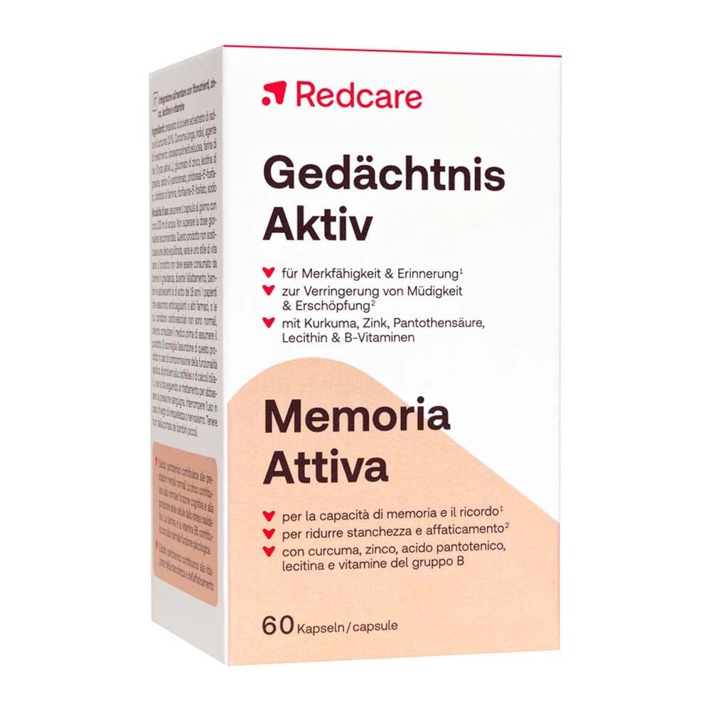 Packung mit Redcare Gedächtnis Aktiv. Enthält 60 Kapseln. Text in Deutsch und Italienisch.