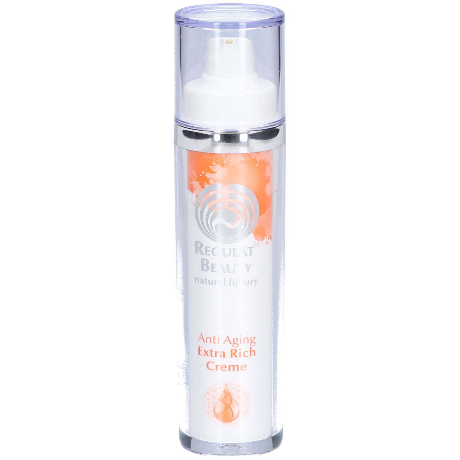 Creme-Spender mit weißem Pumpkopf und durchsichtiger Kappe. Aufschrift: Regulat Beauty Anti Aging Extra Rich Creme.