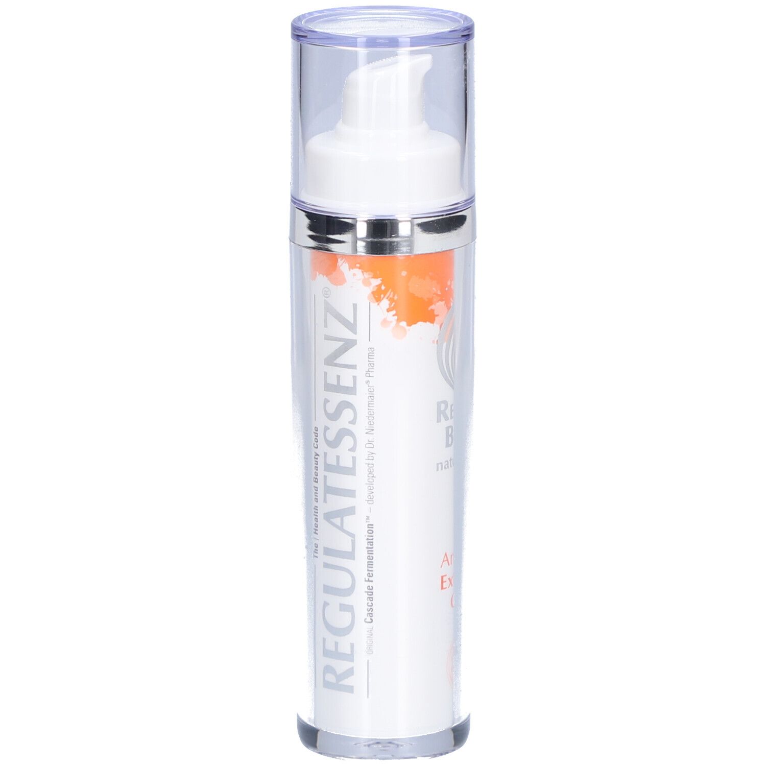 Creme-Spender mit weißem Pumpkopf und durchsichtiger Kappe. Aufschrift: Regulatessenz Anti Aging Extra Rich Creme.