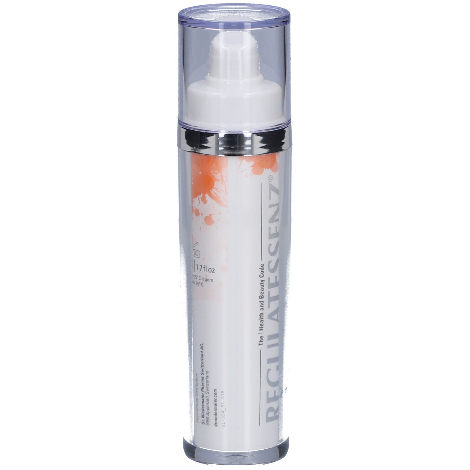 Creme-Spender mit weißem Pumpkopf und durchsichtiger Kappe. Aufschrift: Regulatessenz Anti Aging Extra Rich Creme.