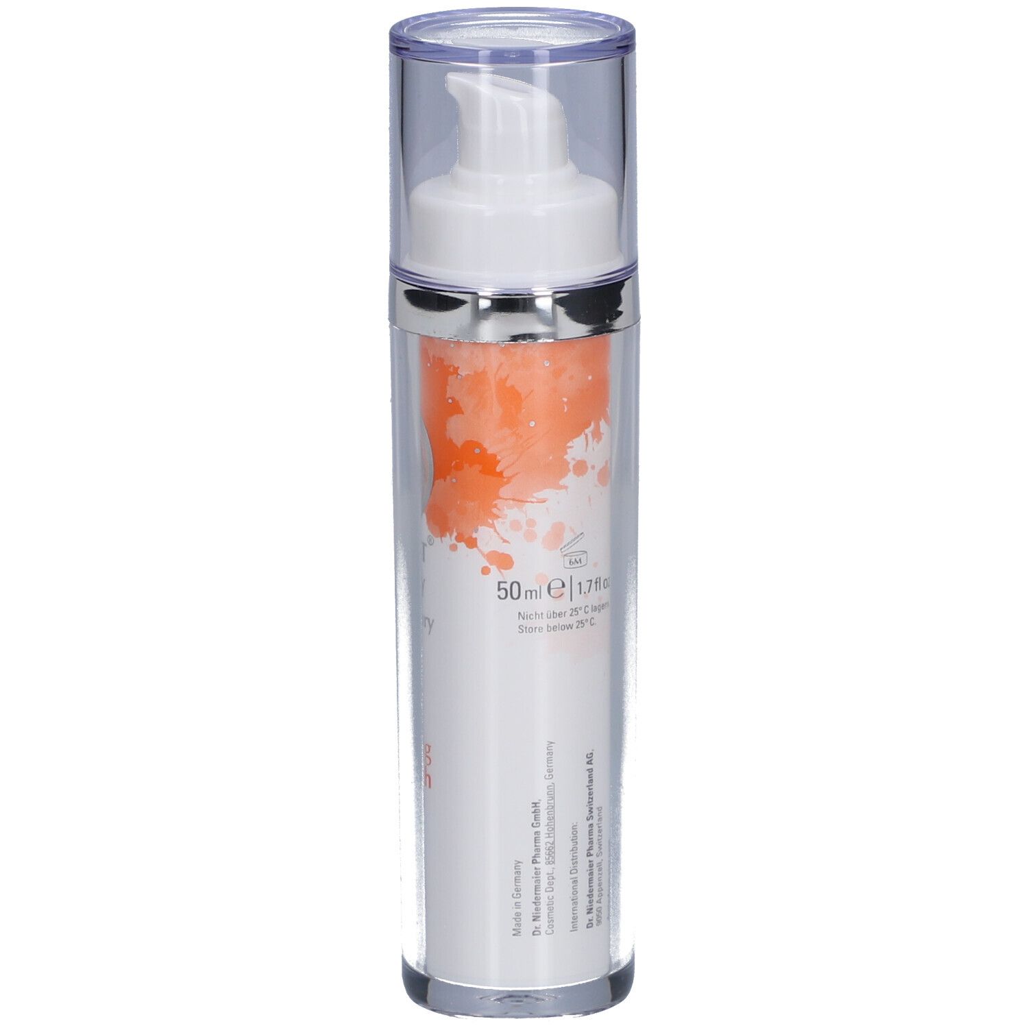 Creme-Spender mit weißem Pumpkopf und durchsichtiger Kappe. Aufschrift: Regulatessenz Anti Aging Extra Rich Creme, 50ml.