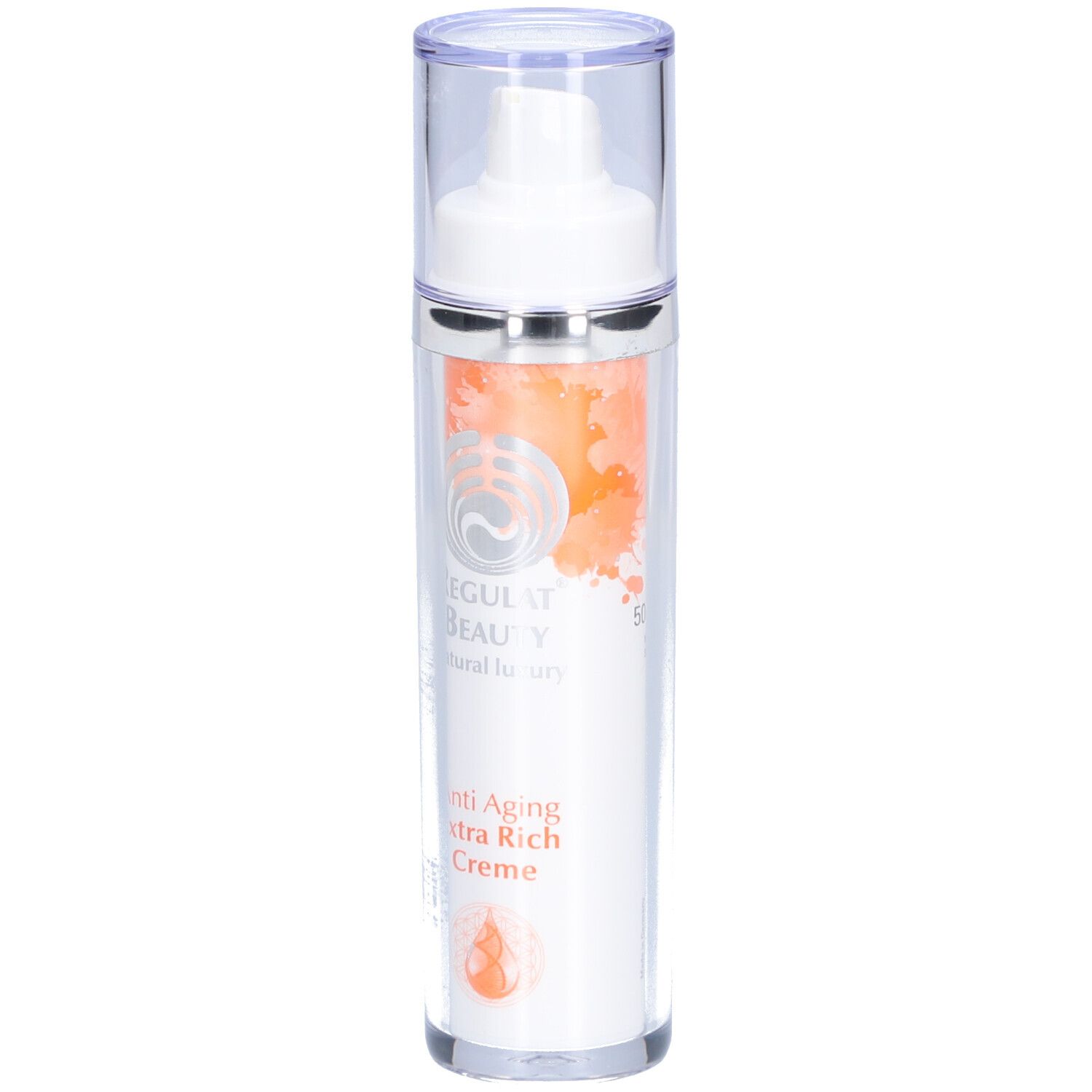 Creme-Spender mit weißem Pumpkopf und durchsichtiger Kappe. Aufschrift: Regulat Beauty Anti Aging Extra Rich Creme.