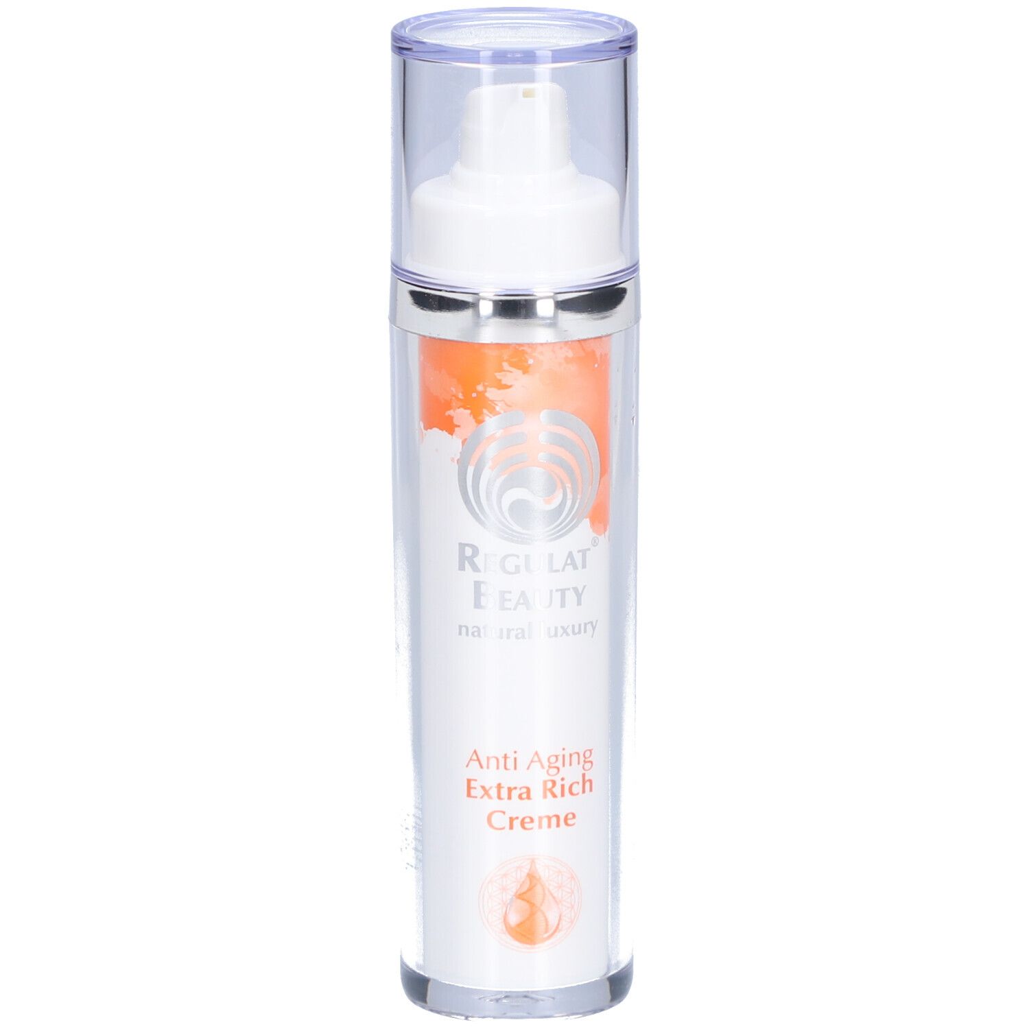 Creme-Spender mit weißem Pumpkopf und durchsichtiger Kappe. Aufschrift: Regulat Beauty Anti Aging Extra Rich Creme.