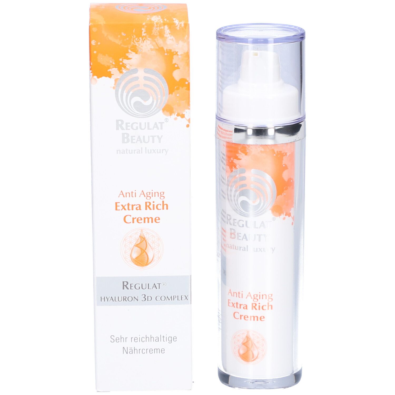 Creme-Spender und Verpackung. Aufschrift: Regulat Beauty Anti Aging Extra Rich Creme. Verpackung: Sehr reichhaltige Nährcreme.