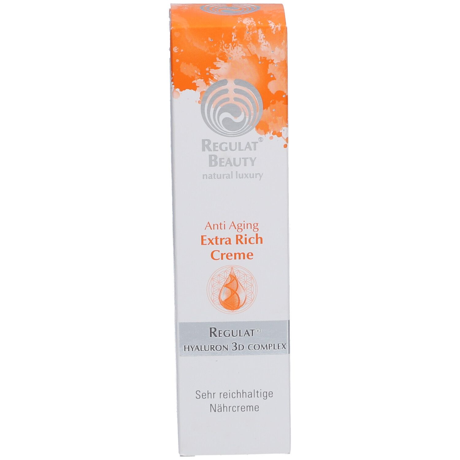 Verpackung. Aufschrift: Regulat Beauty Anti Aging Extra Rich Creme. Sehr reichhaltige Nährcreme. Regulat Hyaluron 3D Complex.