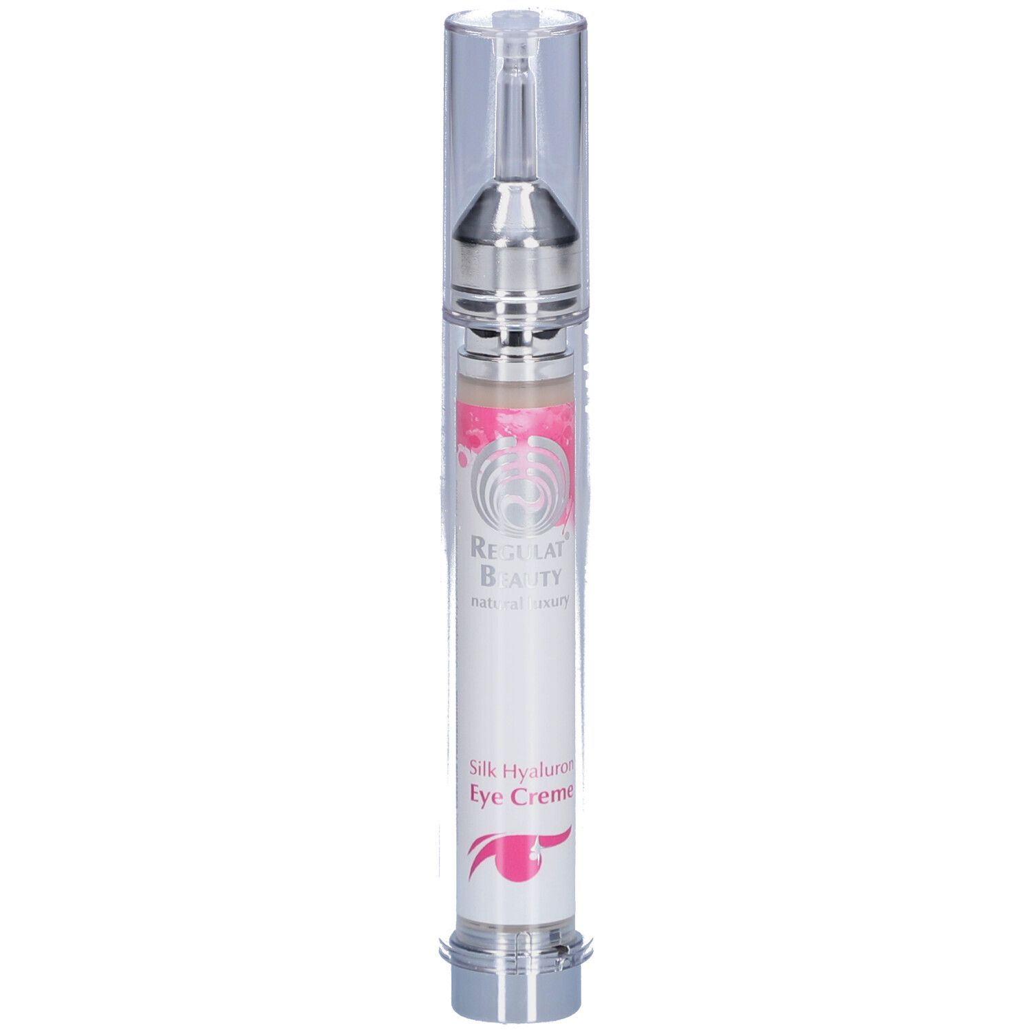 Zylinderförmige Tube mit silberner Spitze und durchsichtiger Kappe. Beschriftung: Silk Hyaluron Eye Creme. Marke: Regulat Beauty.