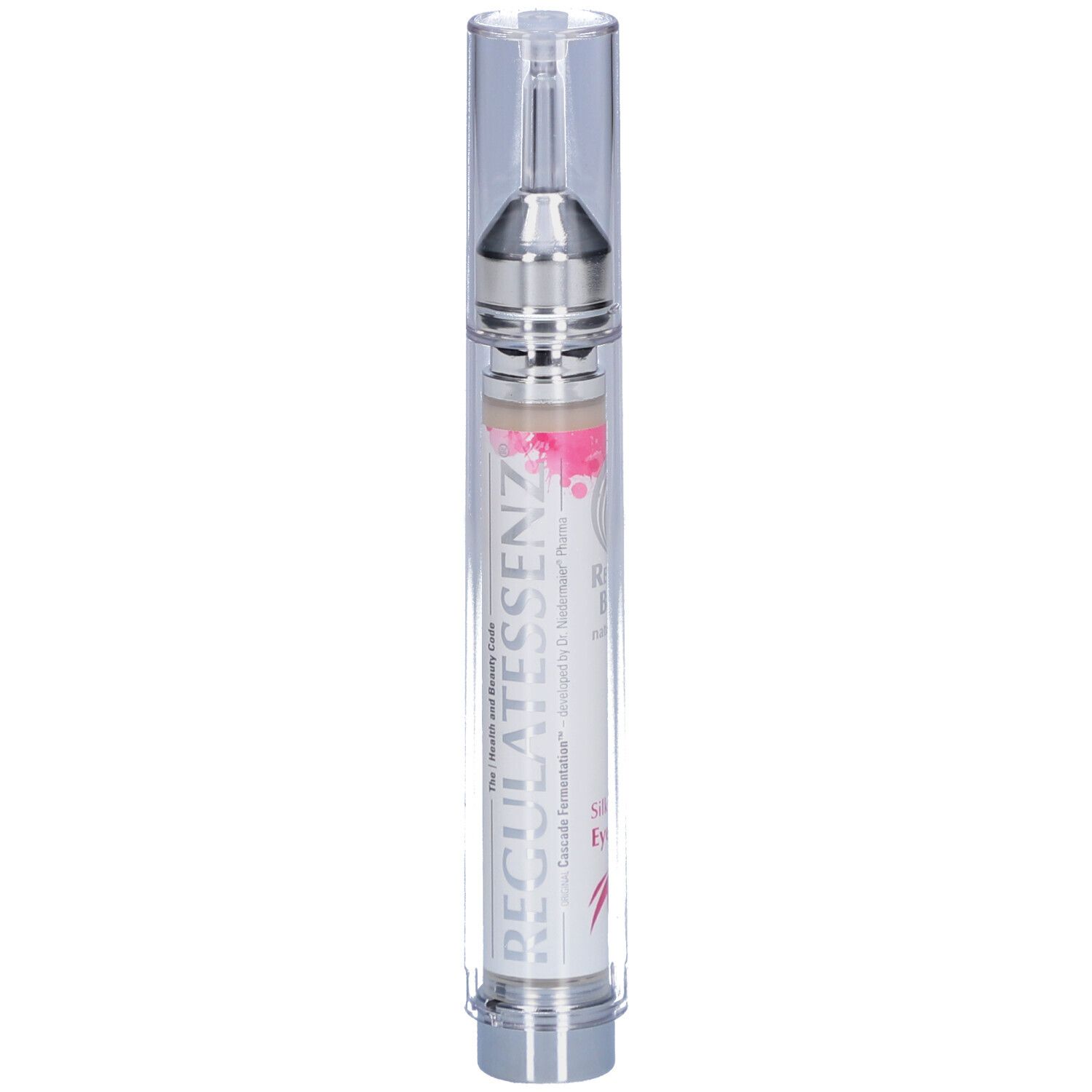 Zylinderförmige Tube mit silberner Spitze und durchsichtiger Kappe. Beschriftung: Regulatessenz. Marke: Regulat Beauty.