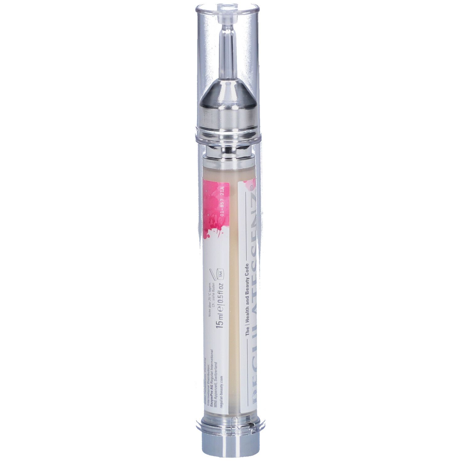 Zylinderförmige Tube mit silberner Spitze und durchsichtiger Kappe. Beschriftung: Regulatessenz. Volumen: 15 ml.