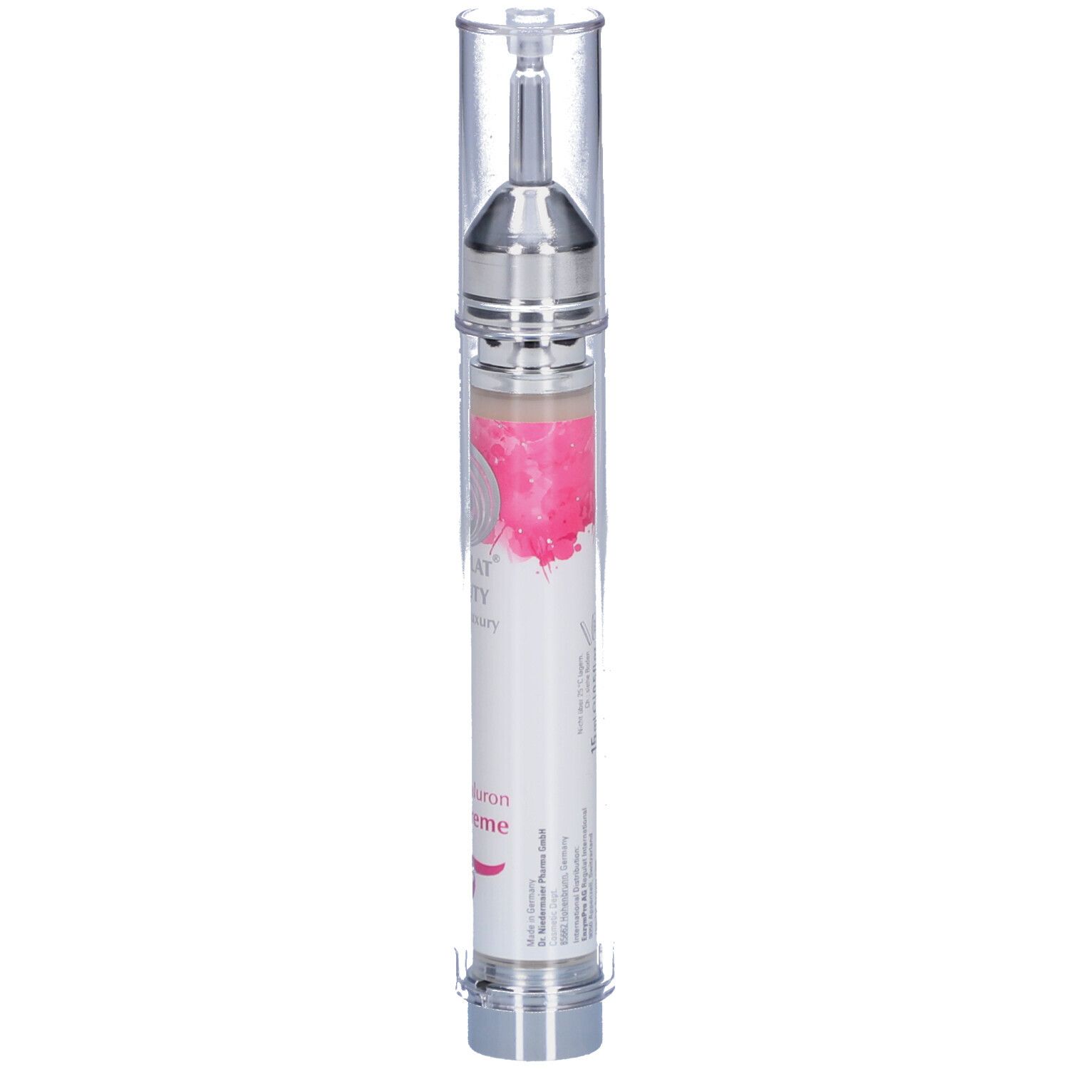 Zylinderförmige Tube mit silberner Spitze und durchsichtiger Kappe. Beschriftung: Silk Hyaluron Eye Creme. Marke: Regulat Beauty.