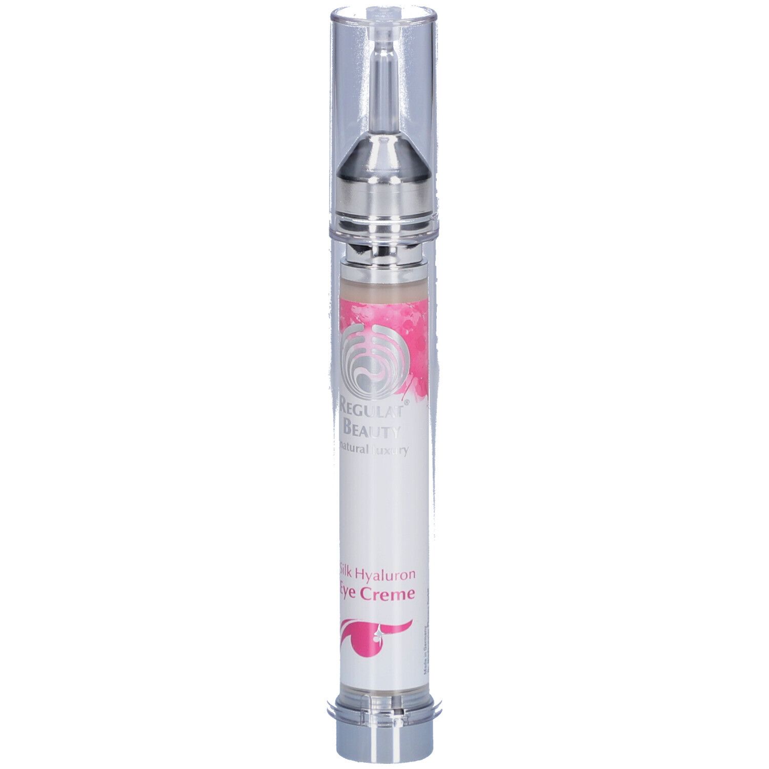 Zylinderförmige Tube mit silberner Spitze und durchsichtiger Kappe. Beschriftung: Silk Hyaluron Eye Creme. Marke: Regulat Beauty.
