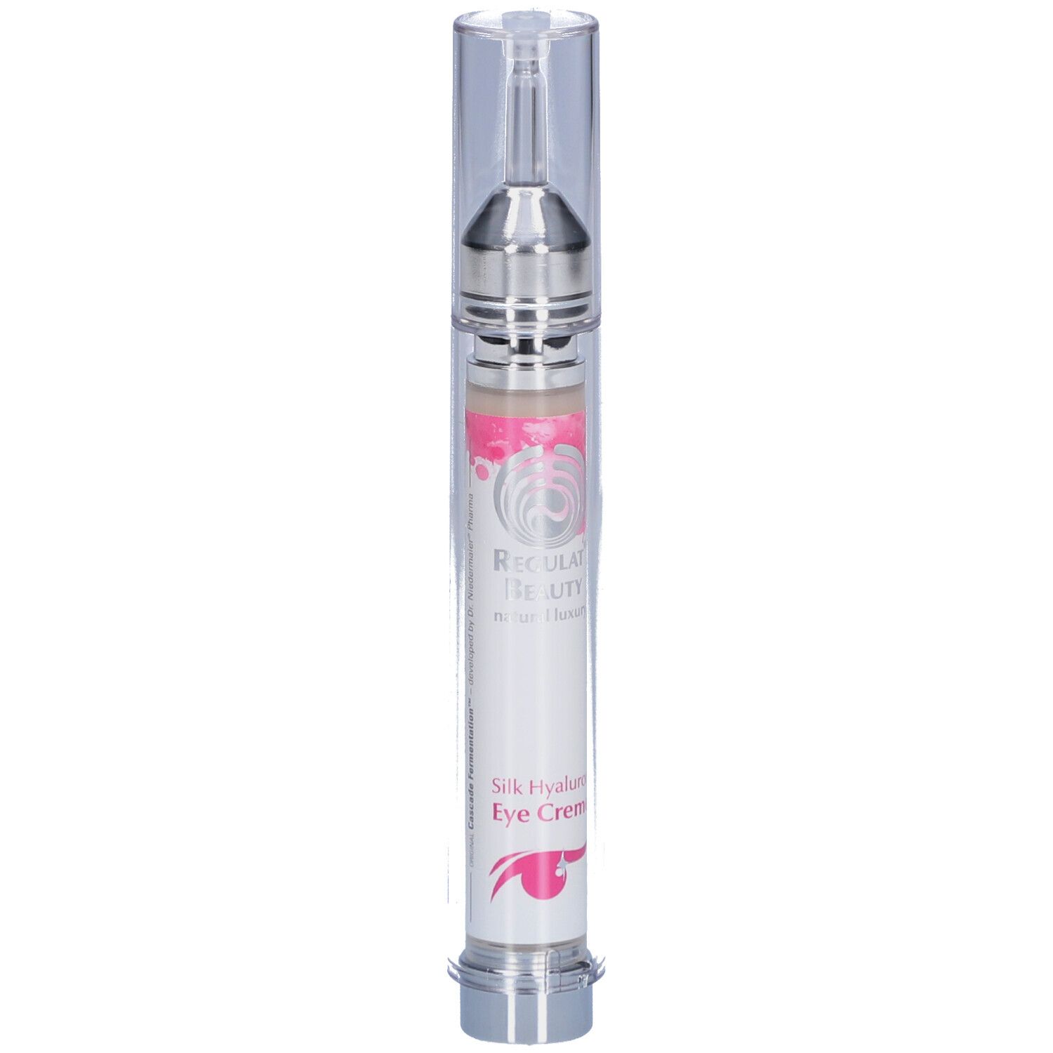 Zylinderförmige Tube mit silberner Spitze und durchsichtiger Kappe. Beschriftung: Silk Hyaluron Eye Creme. Marke: Regulat Beauty.