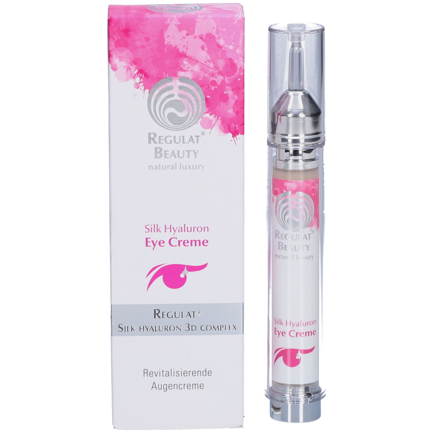 Produktverpackung und Tube. Verpackung: Weiß mit rosa Farbspritzern. Tube: Zylinderförmig, silberne Spitze, transparente Kappe. Beschriftung: Silk Hyaluron Eye Creme.