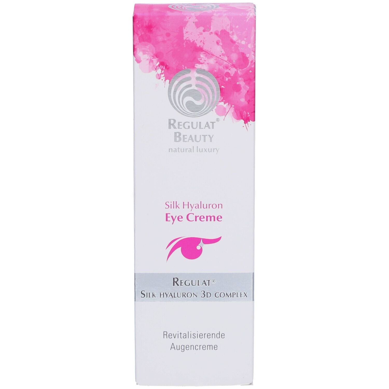 Produktverpackung. Weiß mit rosa Farbspritzern. Beschriftung: Silk Hyaluron Eye Creme. Marke: Regulat Beauty. Text: Revitalisierende Augencreme.