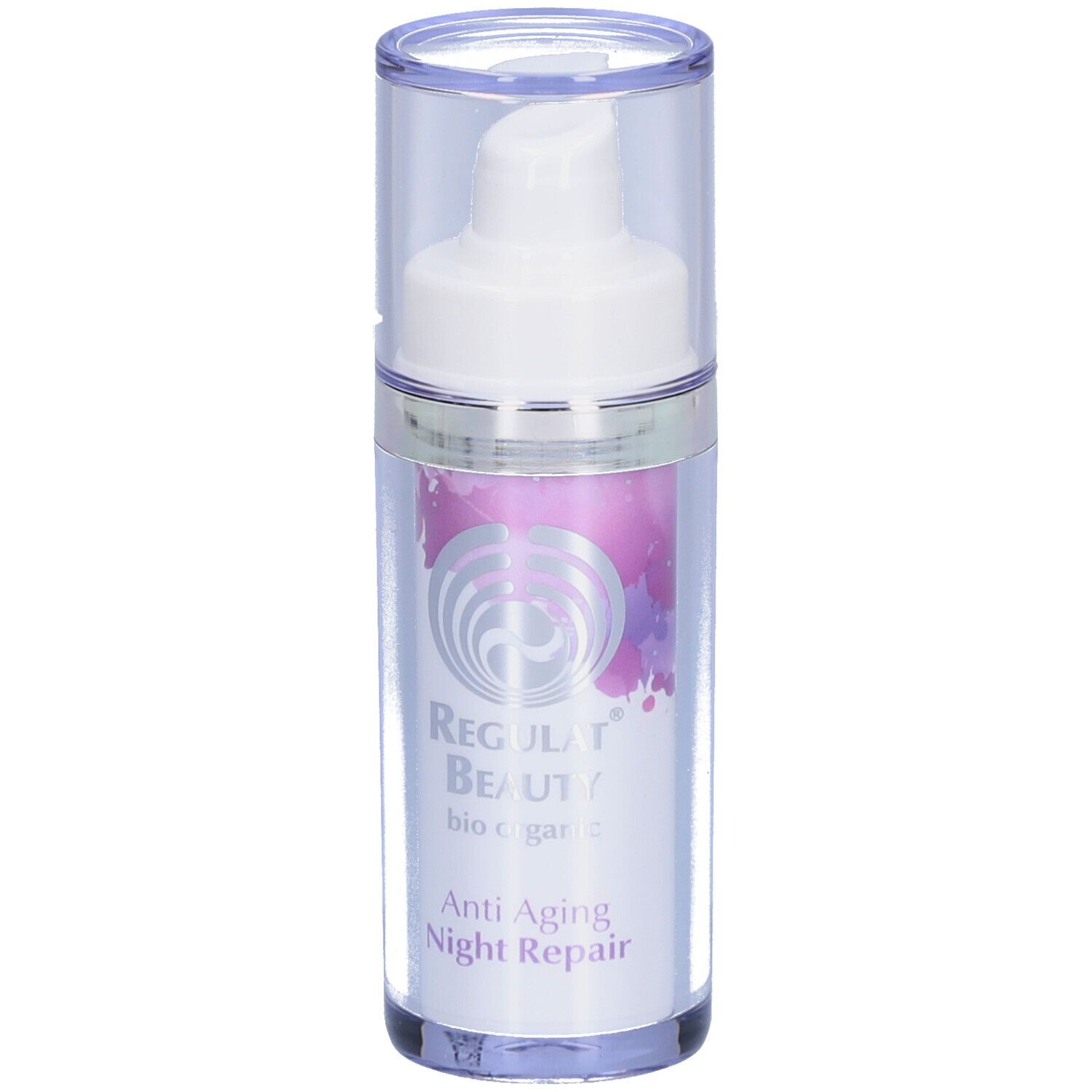 Flasche mit Pumpkopf. Aufschrift: Regulat Beauty, Anti Aging Night Repair. Transparente Kappe.