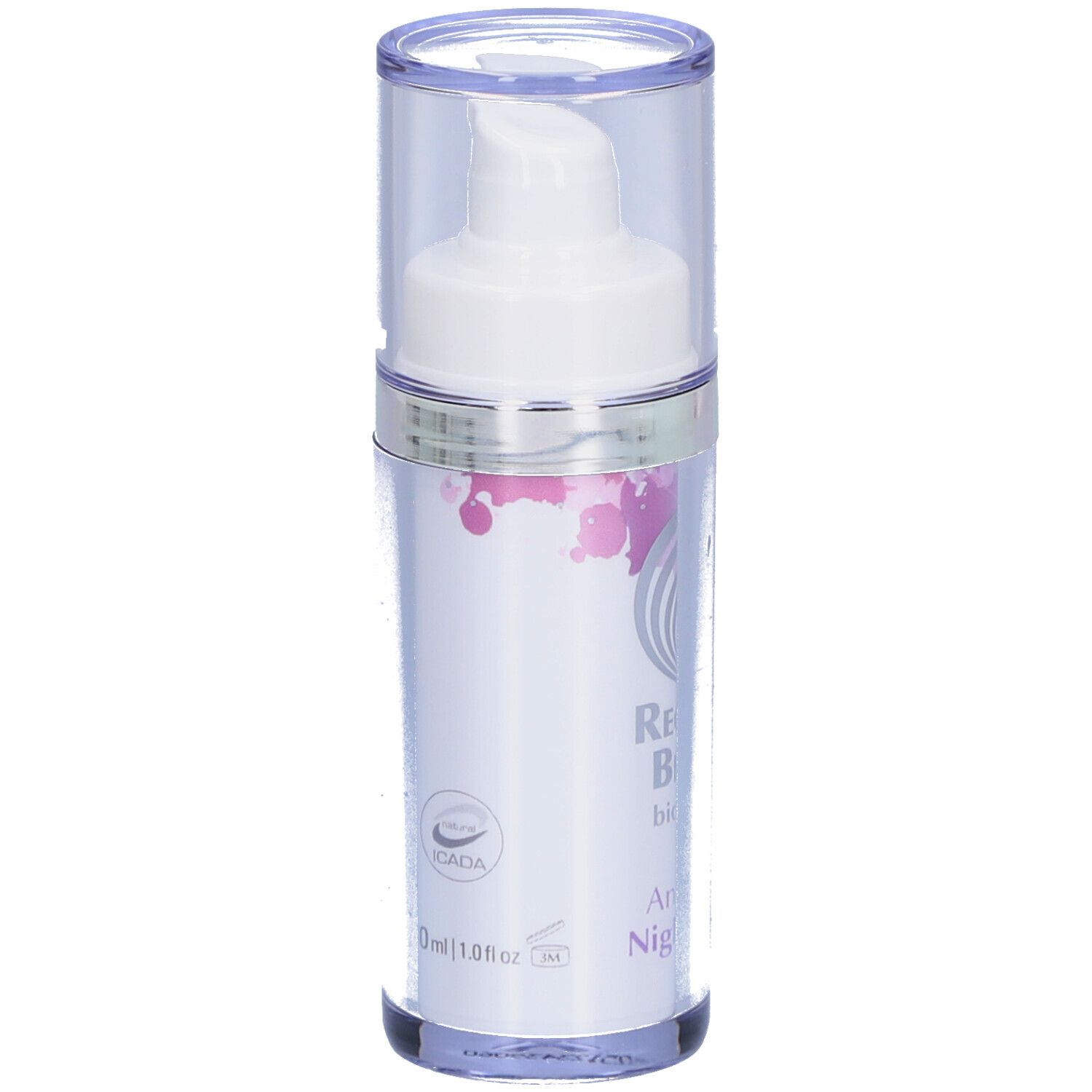 Flasche mit Pumpkopf. Aufschrift: Regulat Beauty, Anti Aging Night Repair. Mit Zertifizierung.
