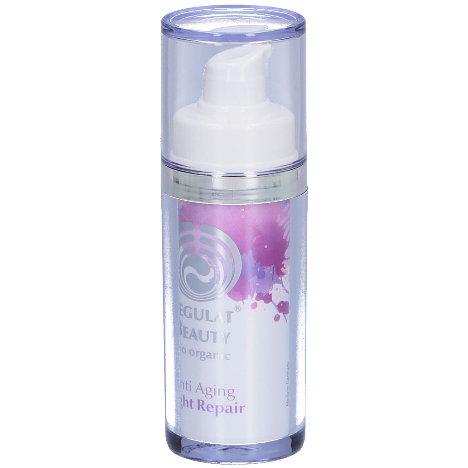 Flasche mit Pumpkopf. Aufschrift: Regulat Beauty, Anti Aging Night Repair. Mit Logo.