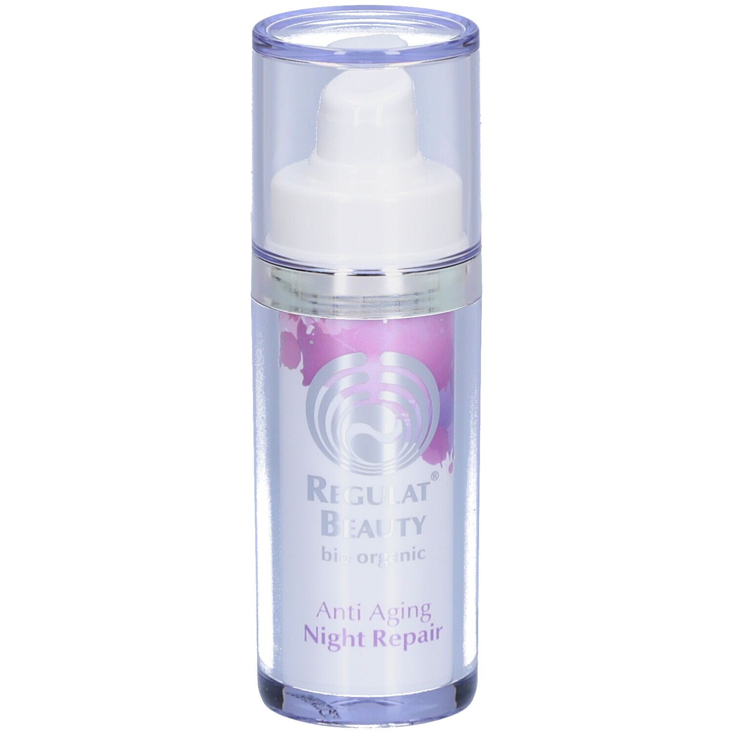 Flasche mit Pumpkopf. Aufschrift: Regulat Beauty, Anti Aging Night Repair. Mit Logo.