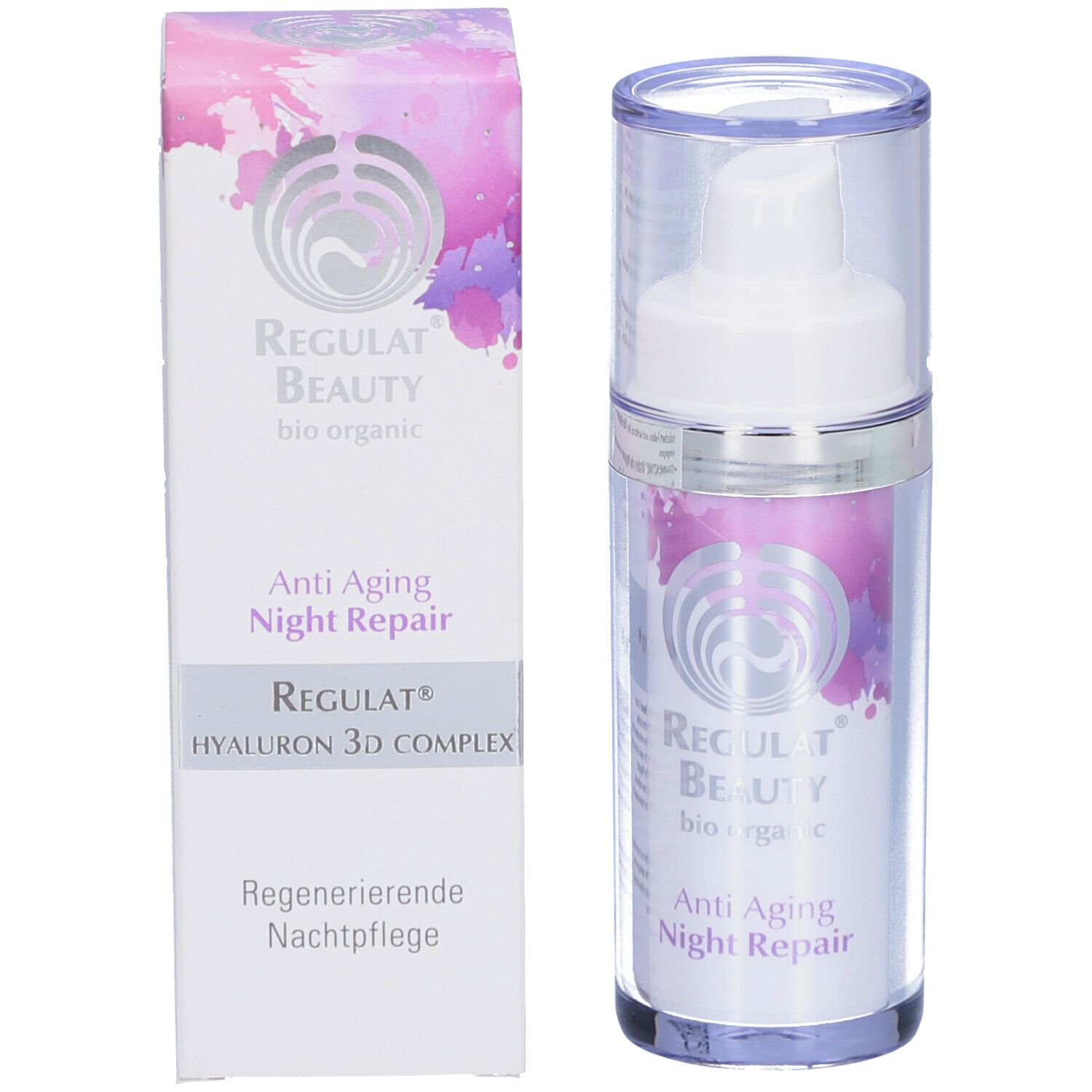 Flasche und Schachtel. Aufschrift: Regulat Beauty, Anti Aging Night Repair. Mit Logo und Produktnamen.