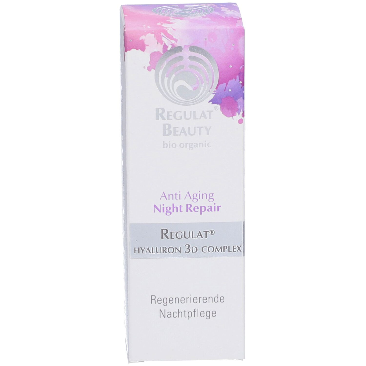 Schachtel. Aufschrift: Regulat Beauty, Anti Aging Night Repair. Mit Logo und Produktnamen.