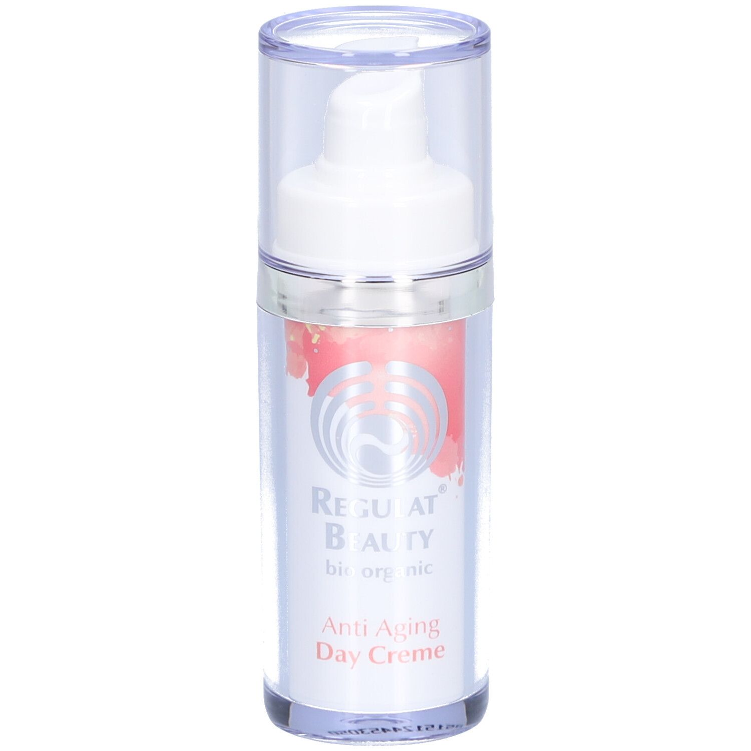 Creme-Spender mit transparentem Deckel. Aufschrift: Regulat Beauty bio organic, Anti Aging Day Creme.