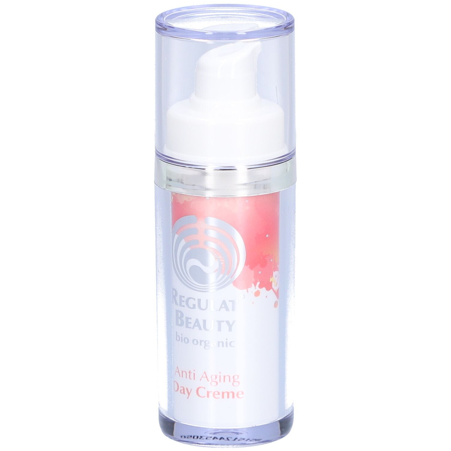 Creme-Spender mit transparentem Deckel. Aufschrift: Regulat Beauty bio organic, Anti Aging Day Creme.