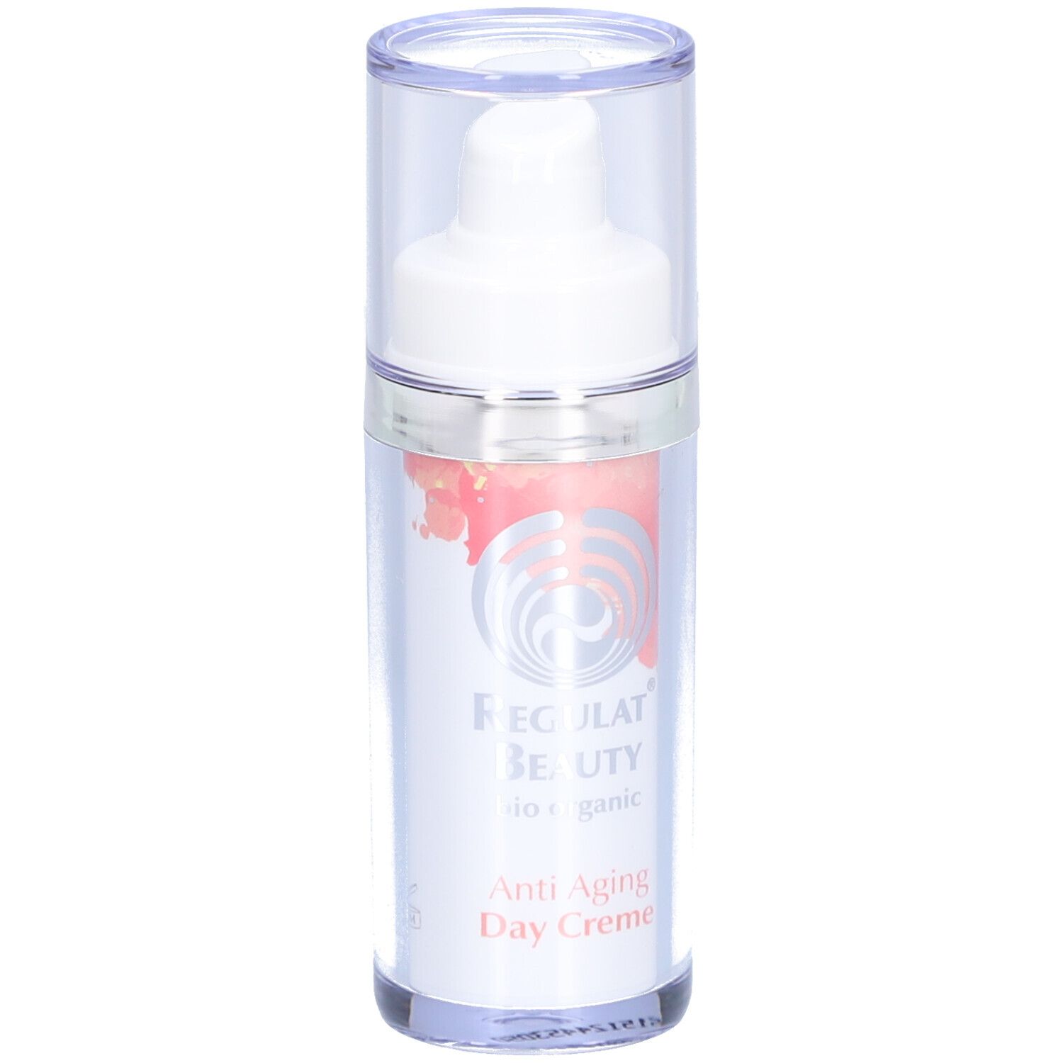 Creme-Spender mit transparentem Deckel. Aufschrift: Regulat Beauty bio organic, Anti Aging Day Creme.