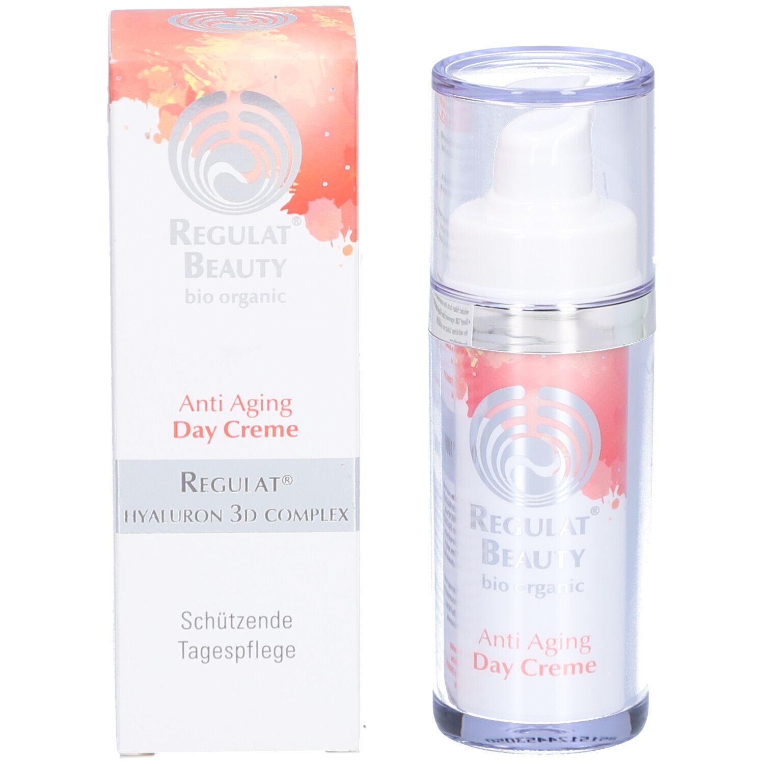 Creme-Spender und Verpackung. Aufschrift: Regulat Beauty bio organic, Anti Aging Day Creme, Hyaluron 3D Complex.