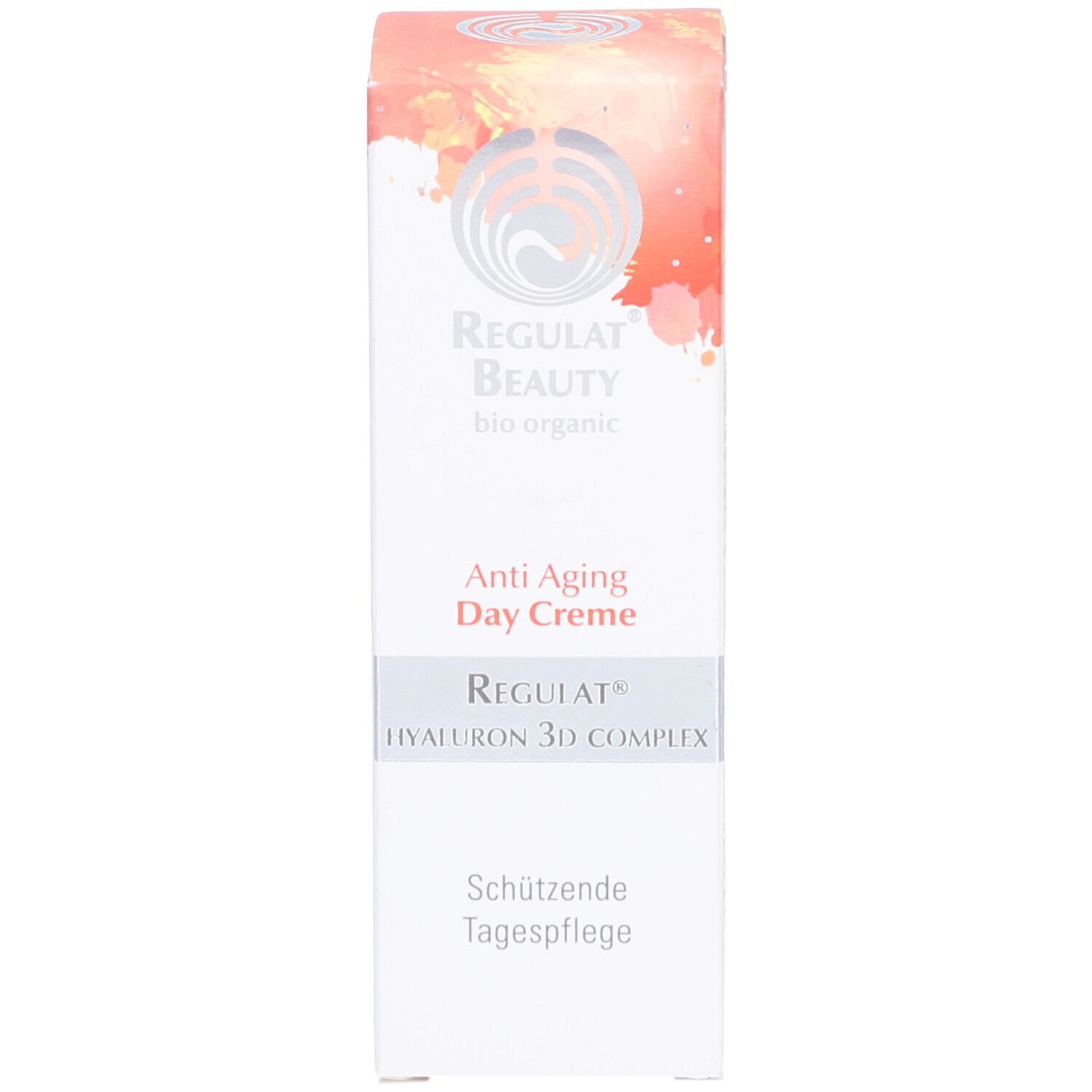 Verpackung. Aufschrift: Regulat Beauty bio organic, Anti Aging Day Creme, Hyaluron 3D Complex, Schützende Tagespflege.