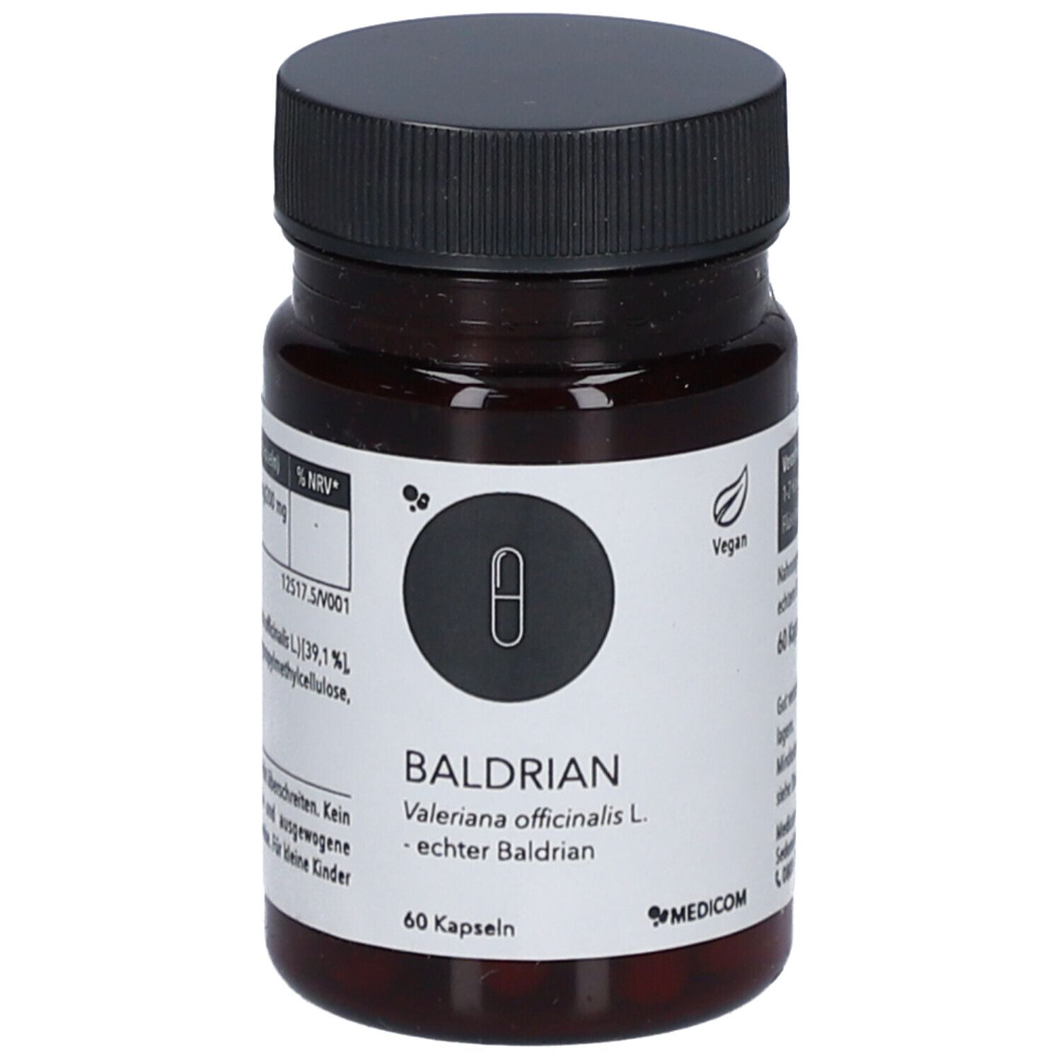 Braune Flasche mit schwarzen Deckel. Aufschrift: BALDRIAN, Valeriana officinalis L. 60 Kapseln. Vegan-Siegel.