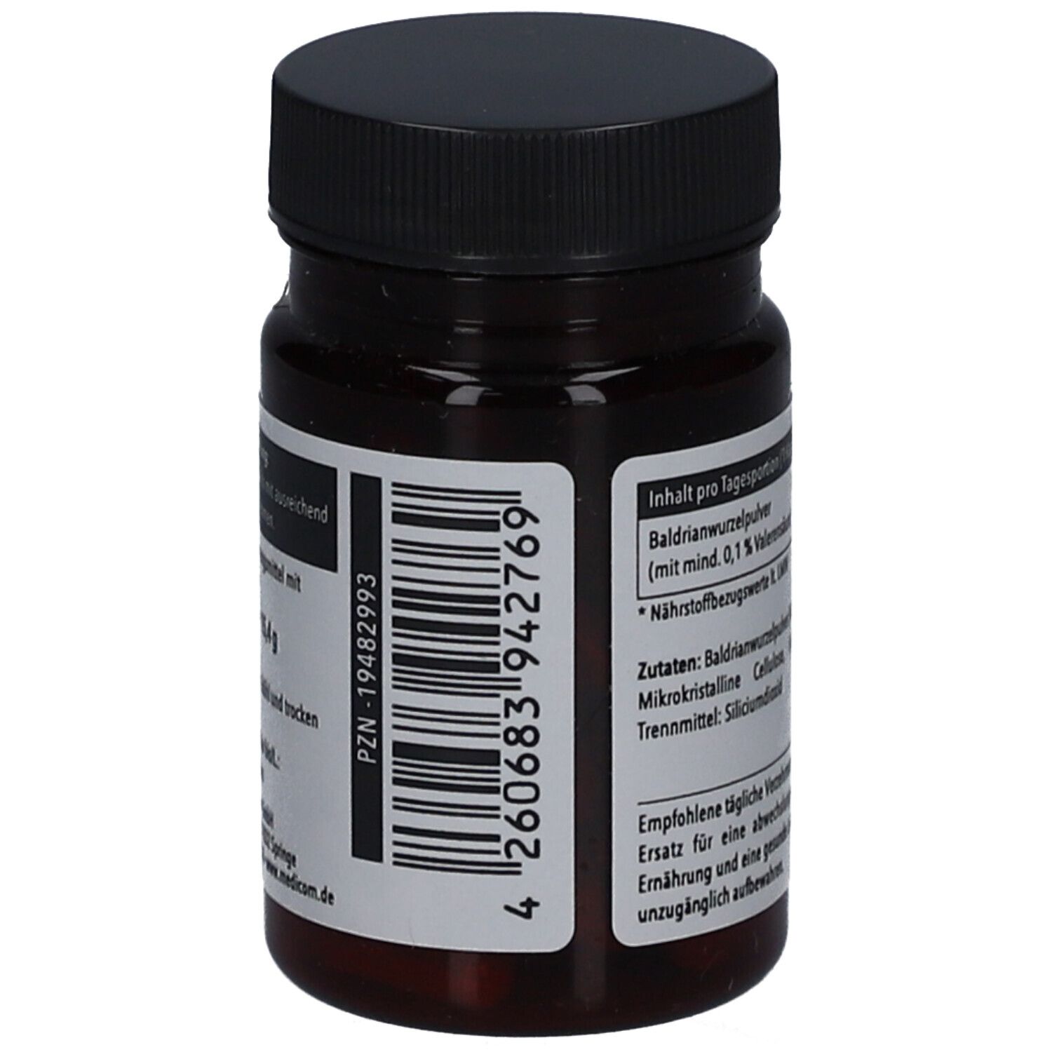 Rückseite der Flasche mit Barcode und Text. Text: PZN-19482993. Text: 4 260683 942769. Text: medicom.de.